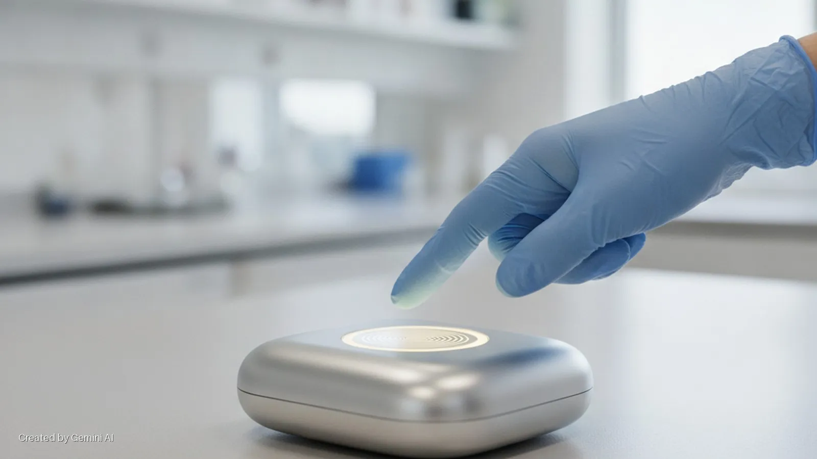 A blue-gloved hand touches a glowing circular interface on a silver, rounded-square device, sitting on a light gray lab bench in a brightly lit room.