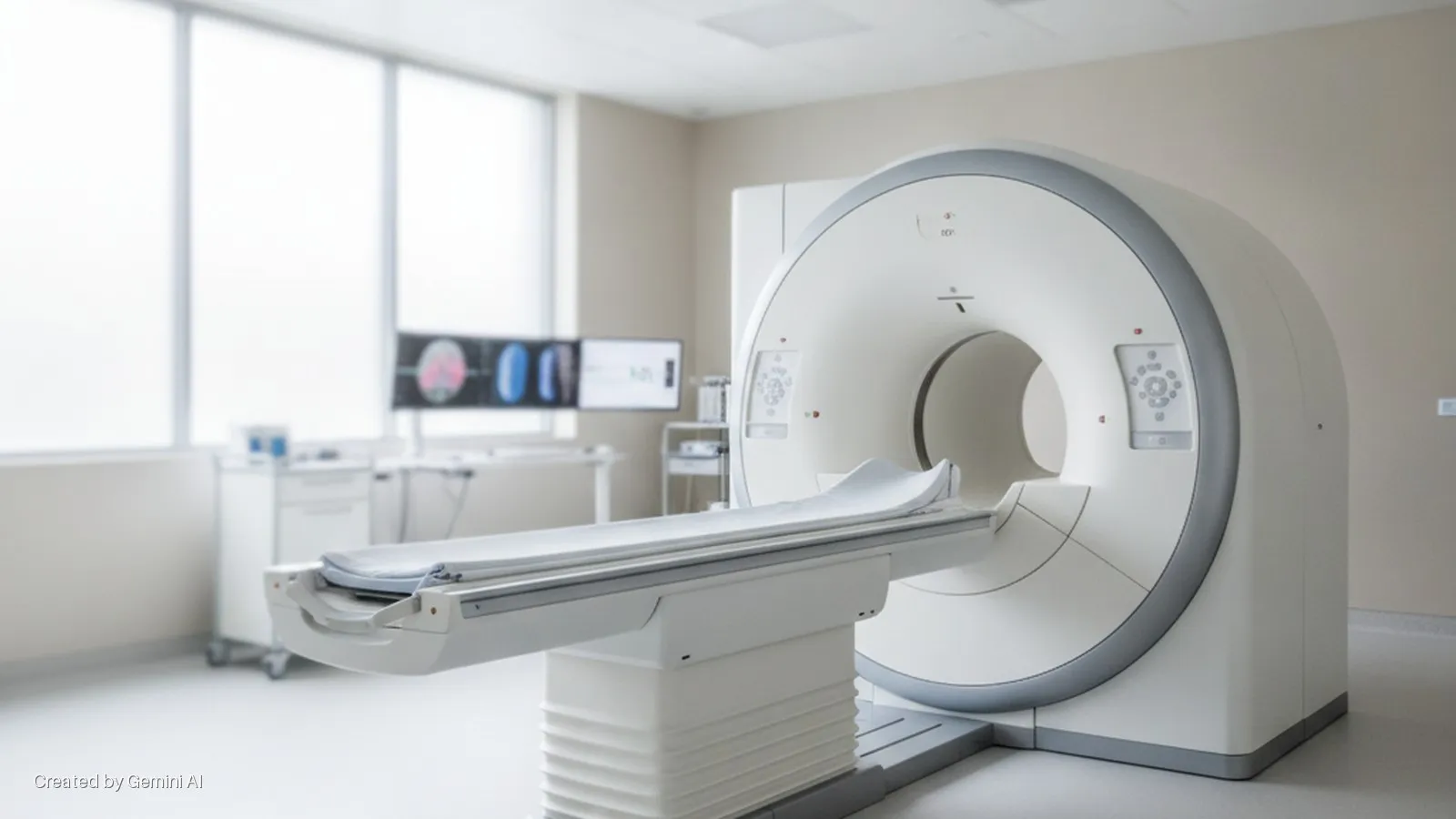 A brightly lit, modern medical imaging room features a large white MRI or CT scanner with a patient examination table, two computer monitors displaying medical scans, and medical carts visible in the background.