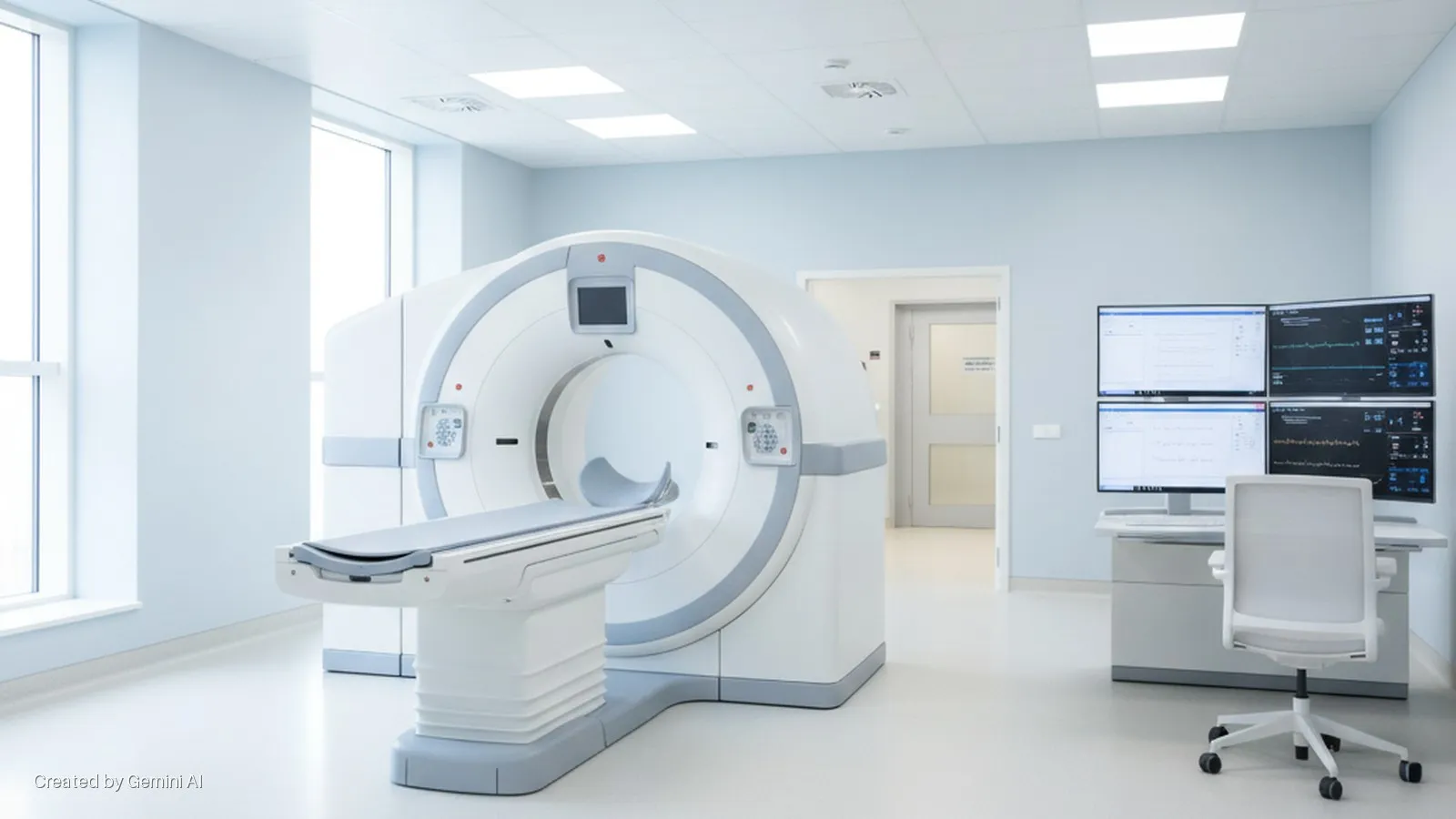 A bright, modern medical imaging room with large windows and a door, featuring a white and grey CT scanner with an examination table, and a workstation with four computer monitors and an office chair, illuminated by overhead panel lights.