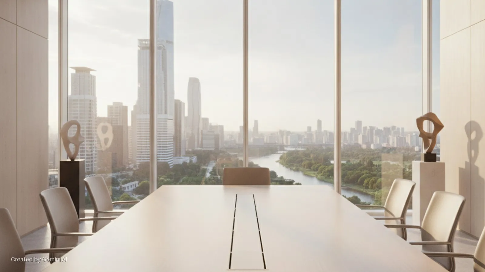 A modern conference room features a long table with chairs, offering a panoramic view of a sunlit cityscape and a river through floor-to-ceiling windows, with two abstract sculptures on pedestals flanking the scene.