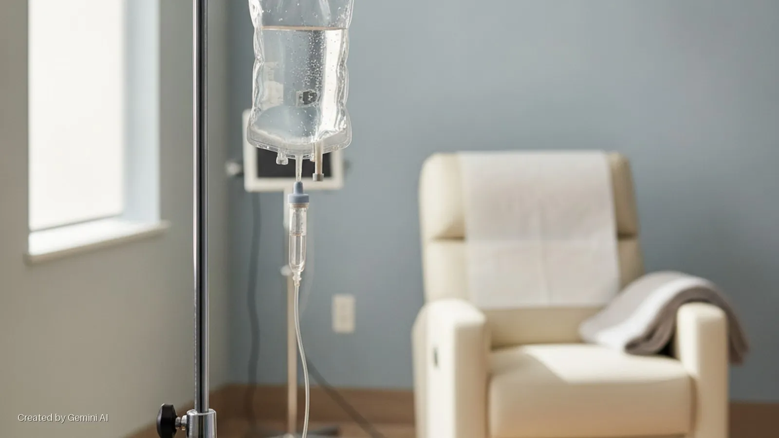 An IV bag hangs from a stand in a medical room with a window to the left and a light-colored armchair and blanket in the background, lit by natural light.