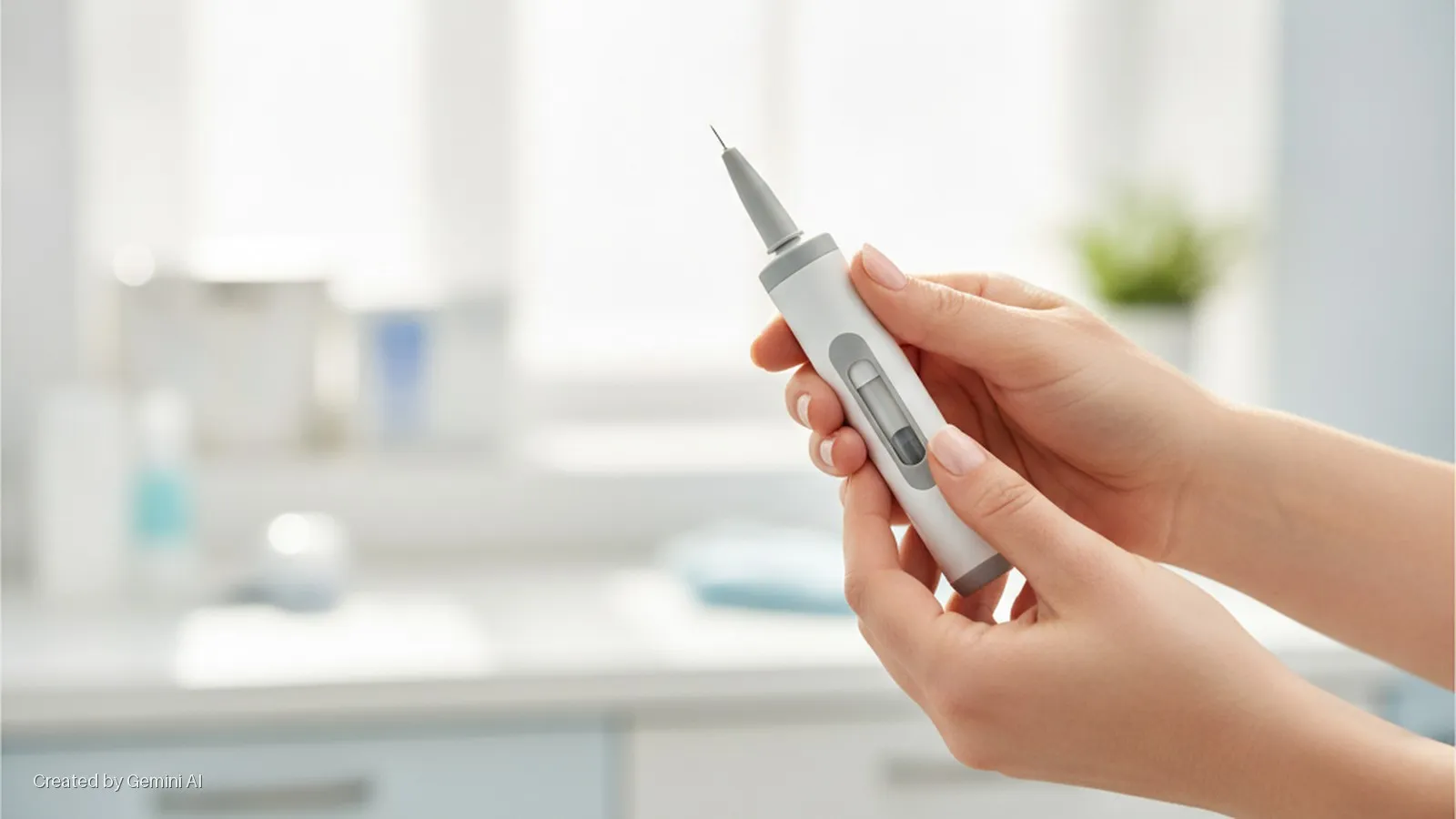 A person's hands hold a white and grey pen-shaped medical device with a fine needle-like tip and a visible cartridge, in a brightly lit, sterile-looking room.