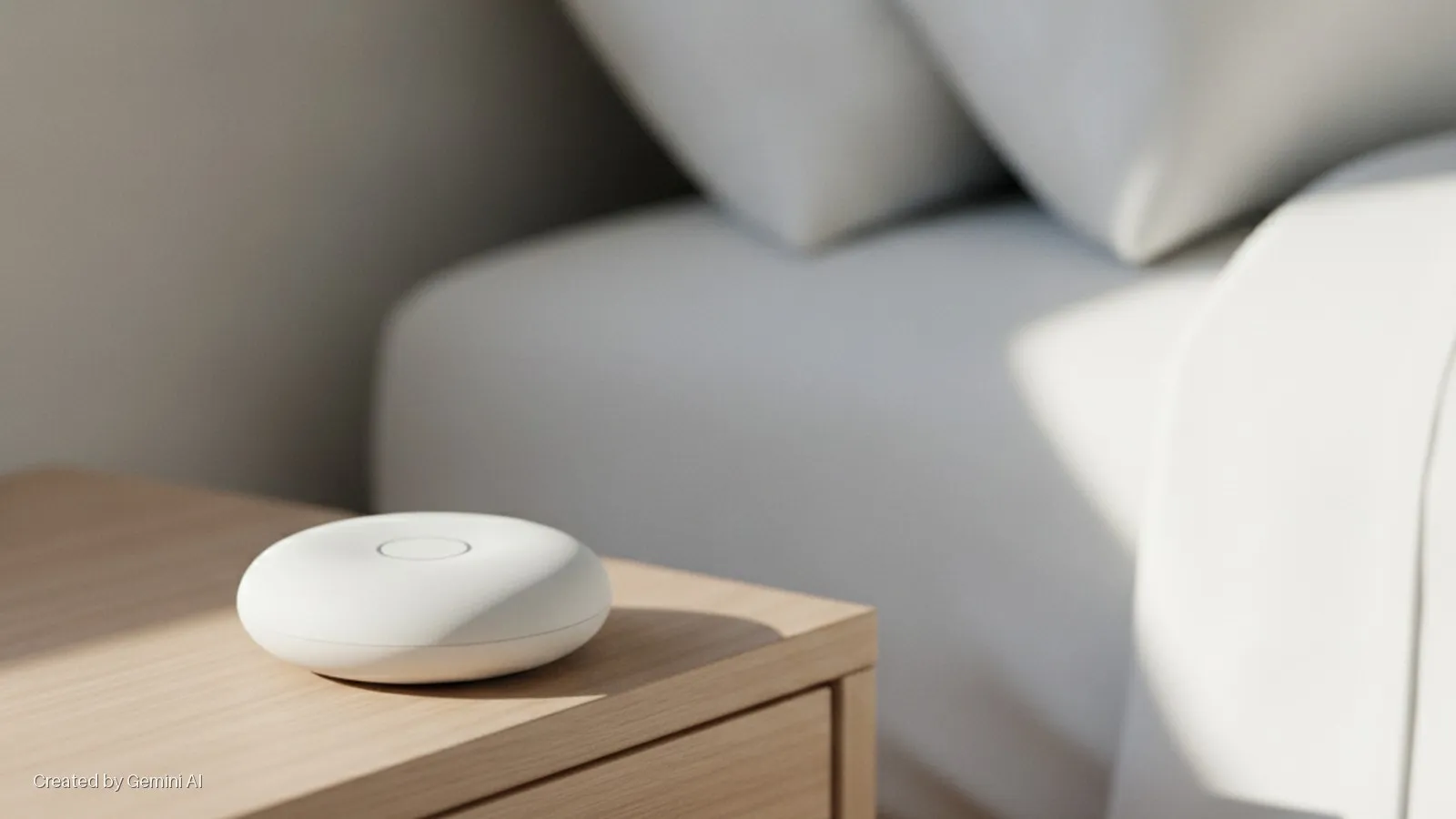 A white circular device rests on a wooden nightstand in a sunlit bedroom, with white bedding and pillows visible in the background.