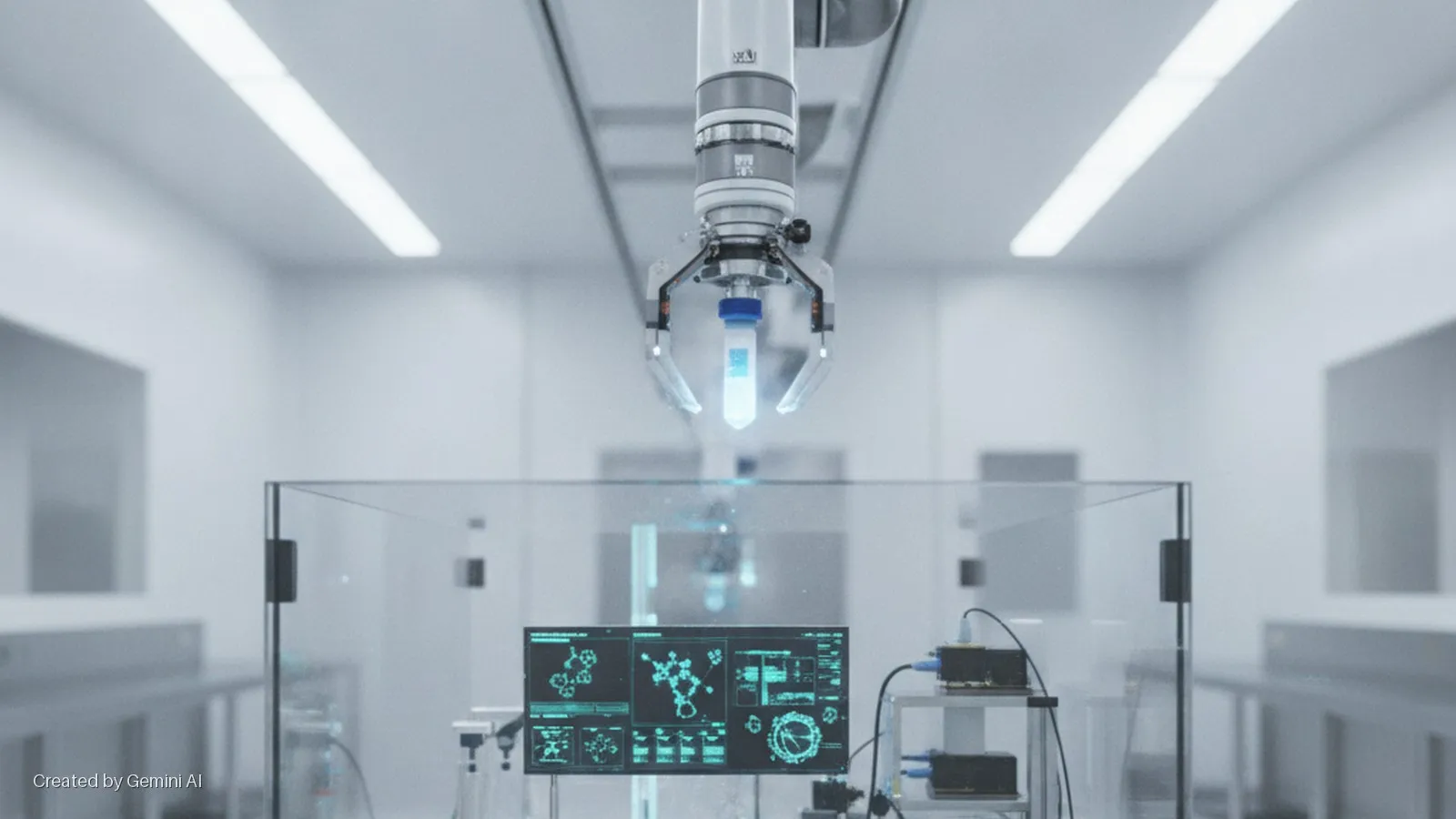 A robotic arm holds a glowing test tube above a clear enclosure and a monitor displaying scientific data in a brightly lit, modern laboratory.