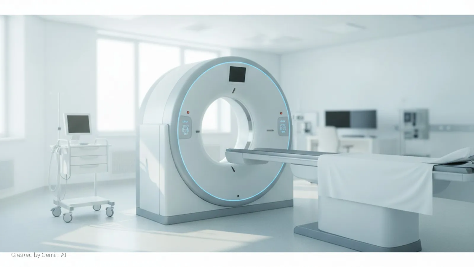 A bright, sterile medical imaging room featuring a modern CT scanner with a patient bed, a mobile medical cart, and large windows, all illuminated by natural light.