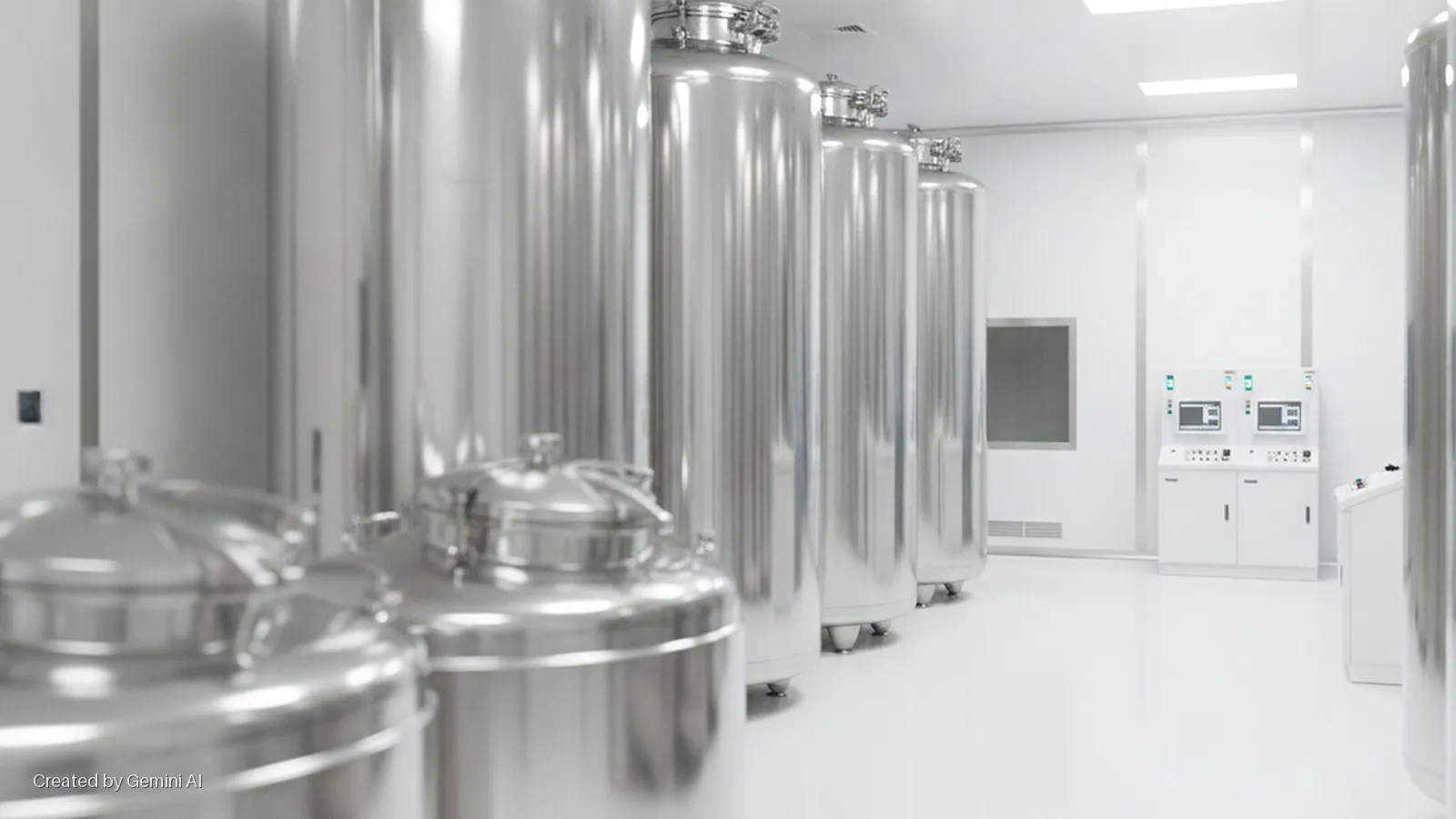 A modern cleanroom contains a row of large, reflective stainless steel cryogenic storage tanks, with smaller lidded vessels in the foreground and white control cabinets on the far wall, under bright overhead lighting.
