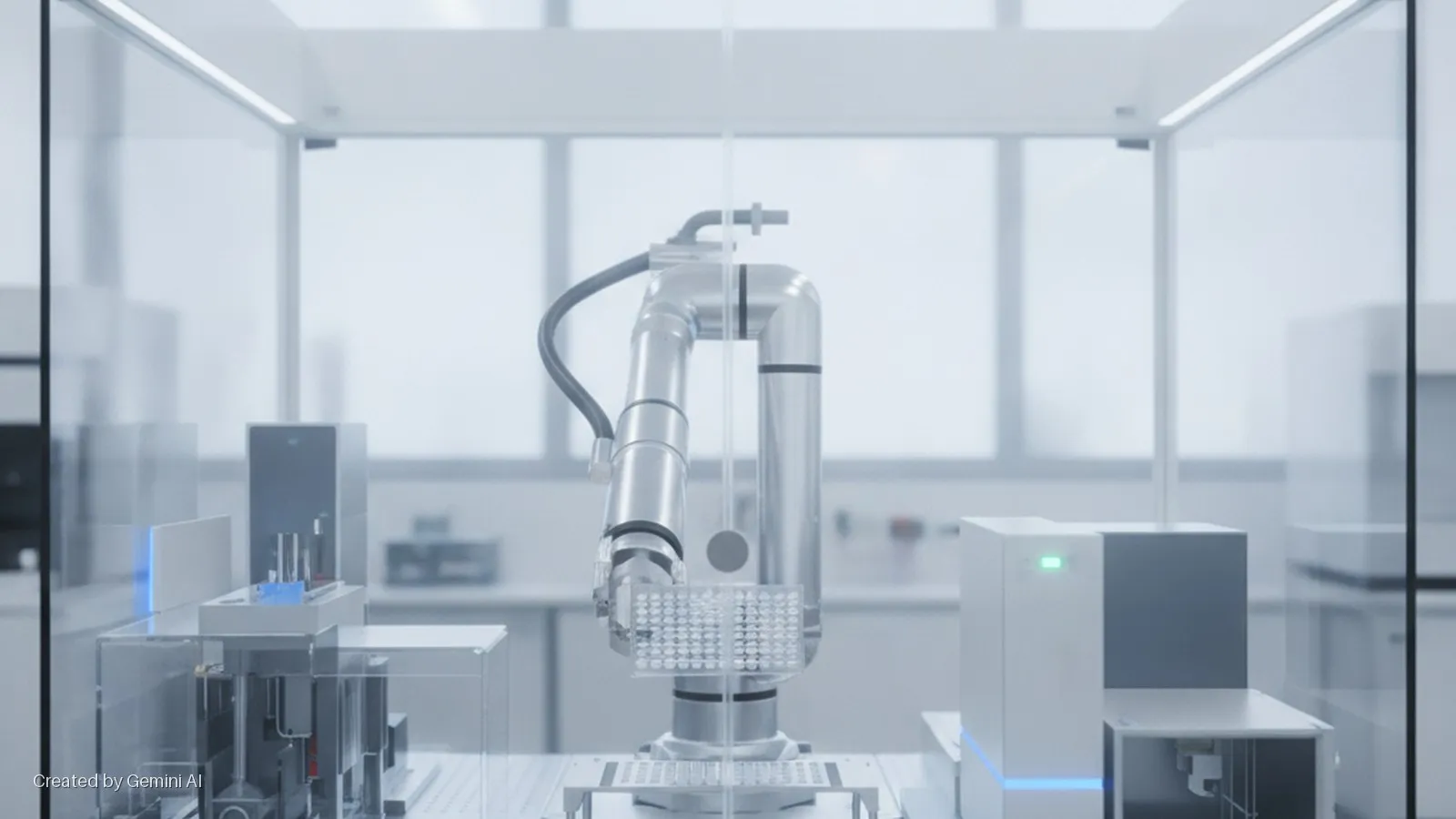 A robotic arm holds a microtiter plate inside a brightly lit, modern laboratory enclosure, surrounded by scientific instruments with glowing blue and green indicator lights.