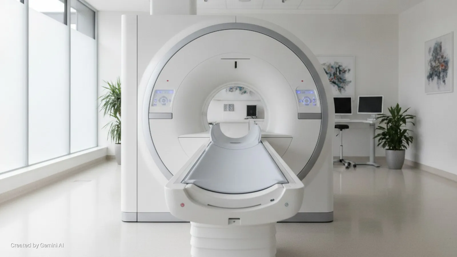 A brightly lit, modern medical imaging room featuring a white MRI machine with a patient bed, a desk with dual computer monitors, two potted plants, two abstract artworks, and large frosted glass windows.