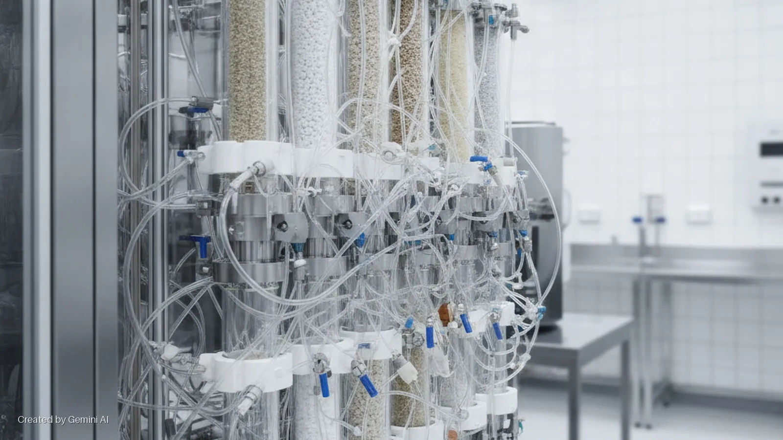 A complex laboratory apparatus with multiple clear columns filled with diverse granular materials, interconnected by clear tubing and blue valves, is brightly lit within a white-tiled, sterile lab.