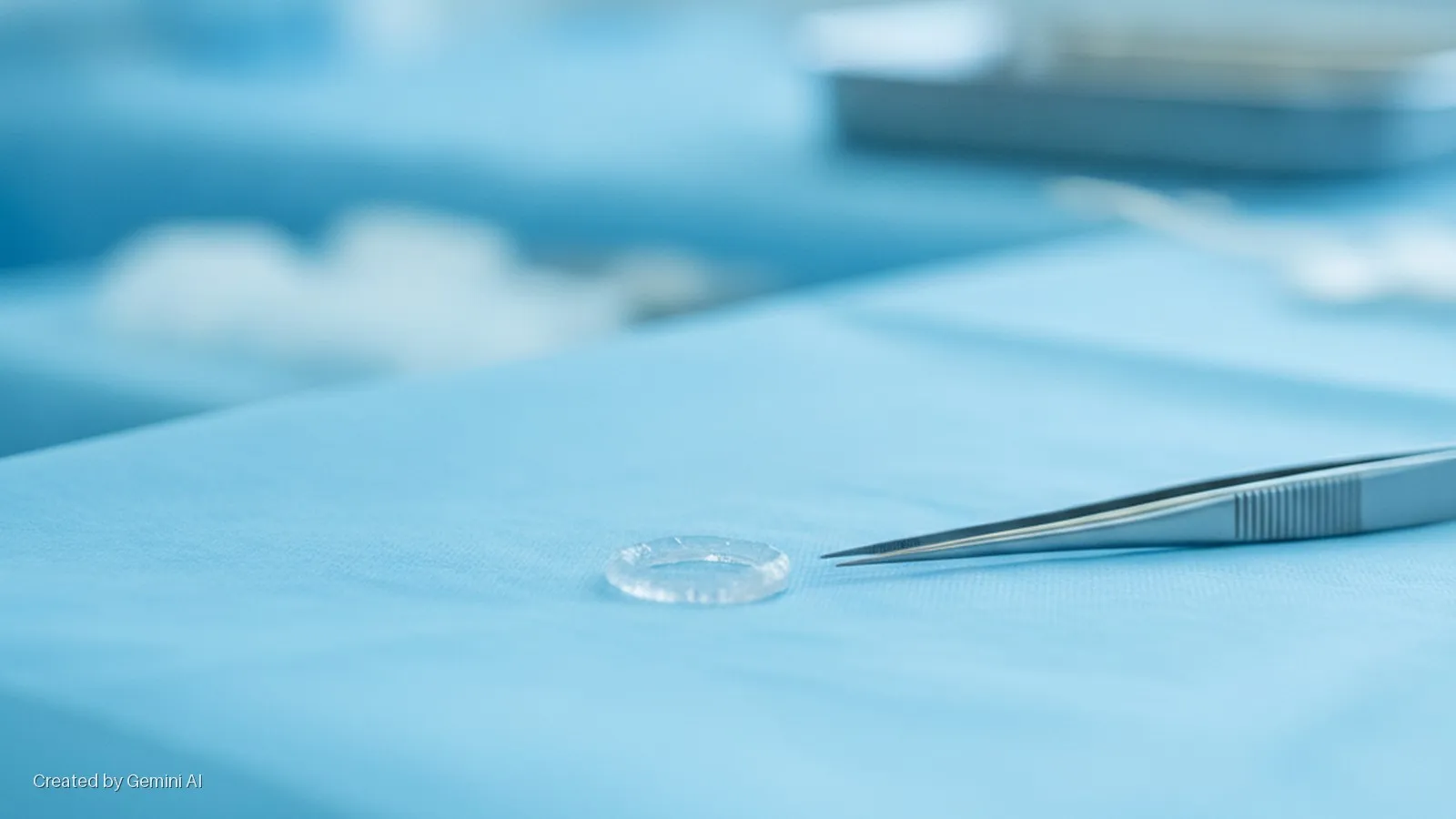 A clear, circular medical implant and silver surgical tweezers rest on a light blue sterile drape in a brightly lit medical setting.