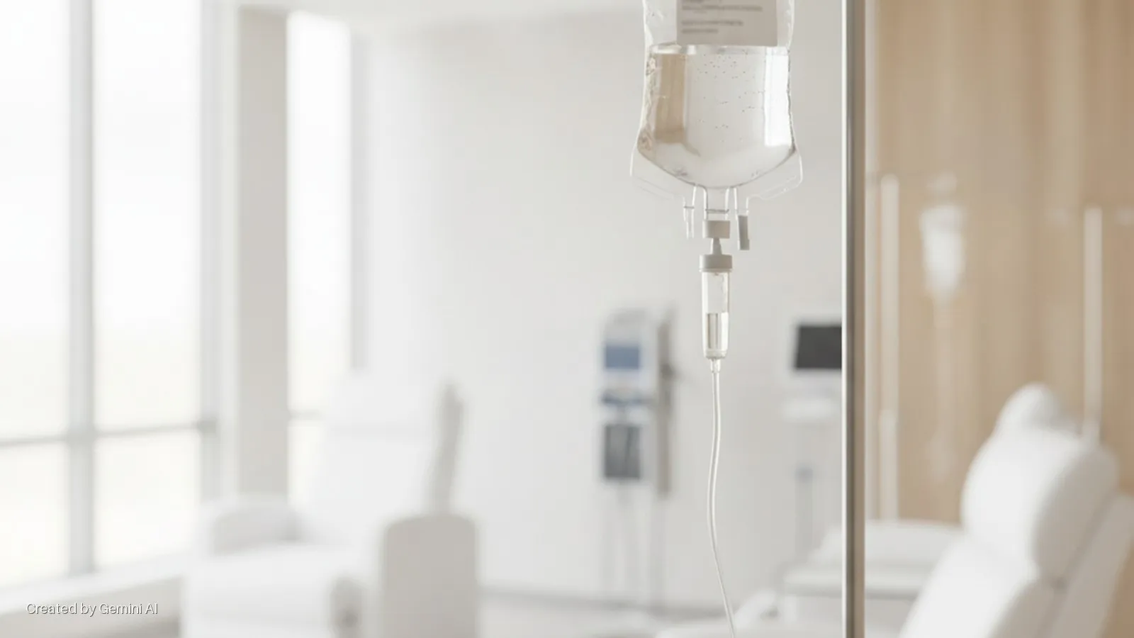 An IV bag hangs from a metallic stand in the foreground of a brightly lit medical room, with blurred white chairs and large windows visible in the background.