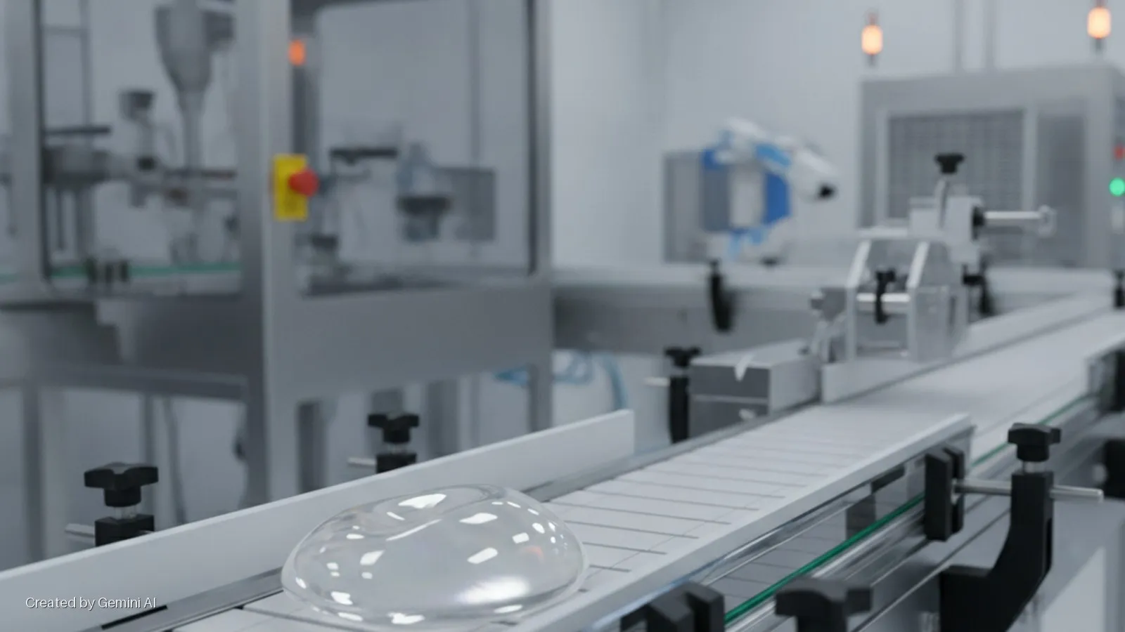 A clear, dome-shaped object travels on a white conveyor belt within a brightly lit, modern industrial production line featuring blurred machinery, an emergency stop button, and operational indicator lights.