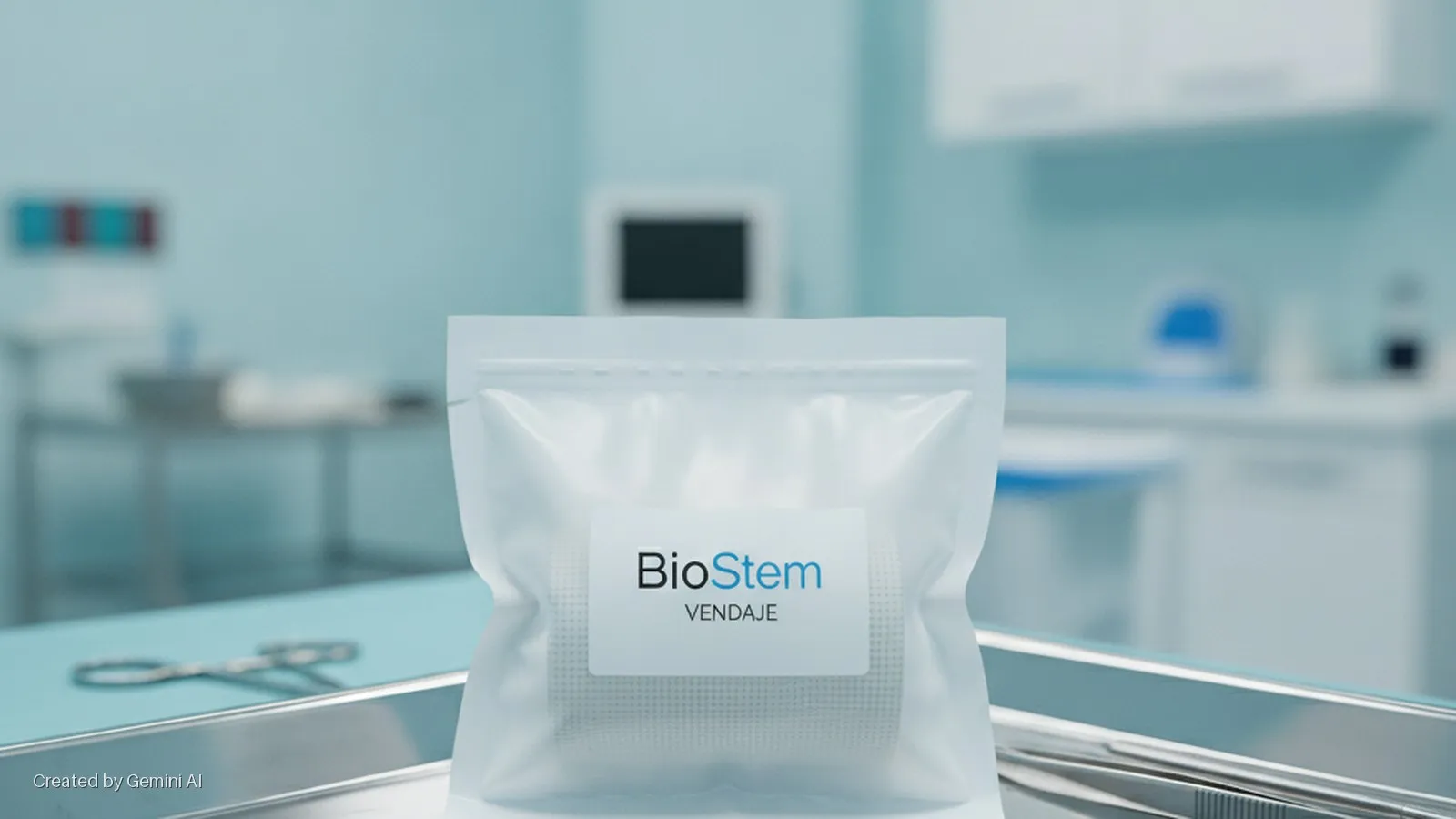 A white zippered pouch labeled "BioStem VENDAJE" containing a white mesh bandage rests on a silver tray alongside surgical scissors and forceps in a brightly lit, sterile medical facility.