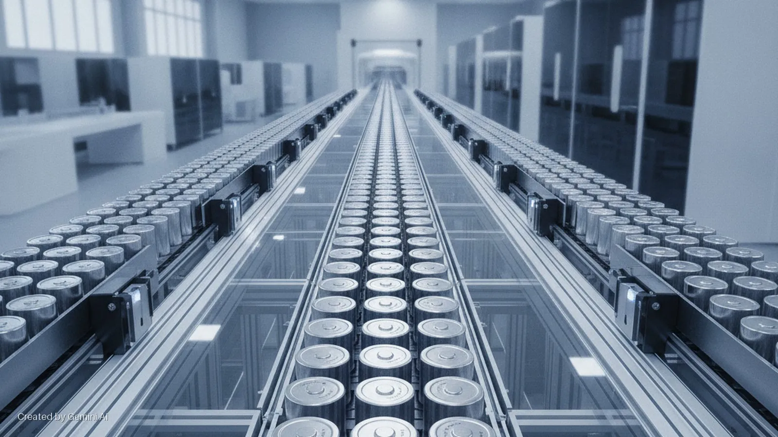 Metallic cylindrical batteries travel in precise rows on multiple conveyor belts within a brightly lit, clean factory environment.