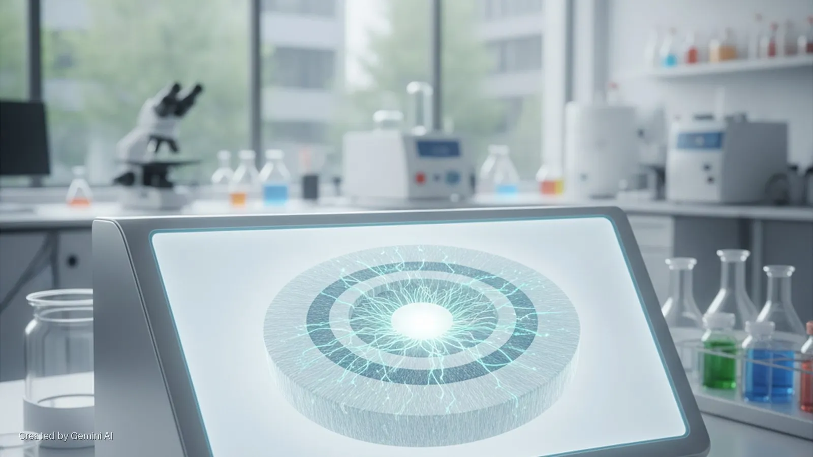 A bright, modern laboratory features a glowing display screen showing a circular, layered scientific model in the foreground, with a blurred microscope, beakers with colored liquids, and other lab equipment visible in the background.
