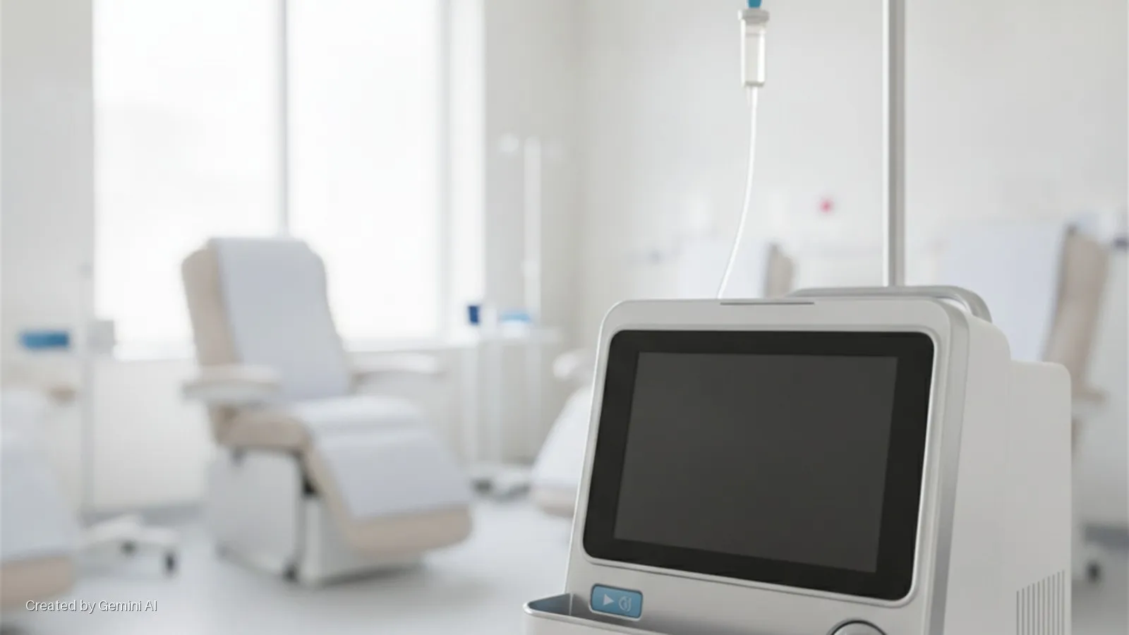 A brightly lit, sterile medical treatment room features a white medical monitor on an IV pole with an IV drip in the foreground, and blurred beige treatment chairs in the background.