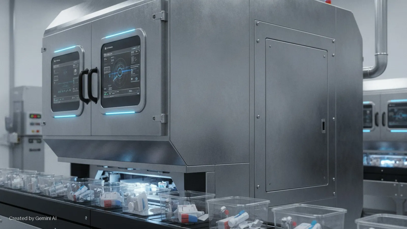 A large, grey industrial processing machine with two glowing blue digital displays and handles processes clear plastic containers holding various medical devices on a conveyor belt in a brightly lit laboratory setting.