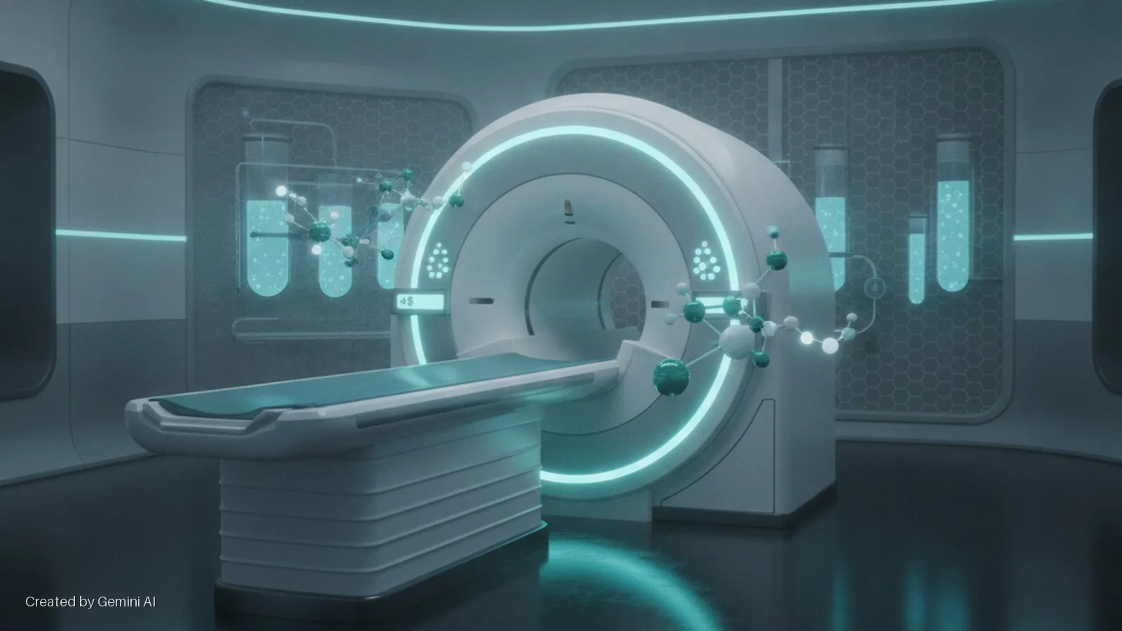 A high-tech medical examination room features a white MRI scanner with an attached patient bed, surrounded by glowing teal test tubes and molecular structures, all illuminated by a cool blue-green light.