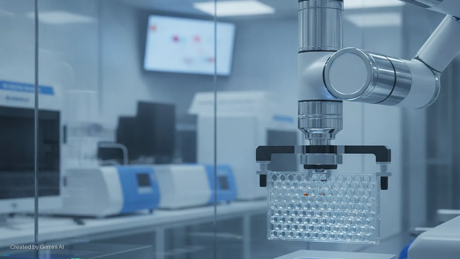 A robotic arm precisely manipulates a multi-well plate containing liquid samples in a brightly lit, modern science laboratory filled with scientific instruments.