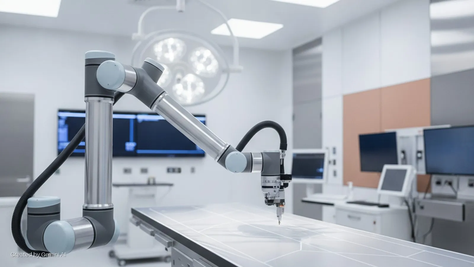 A sophisticated grey and silver robotic arm with light blue accents extends over a sterile operating table in a brightly lit surgical suite, with multiple medical monitors and an overhead surgical light in the background.