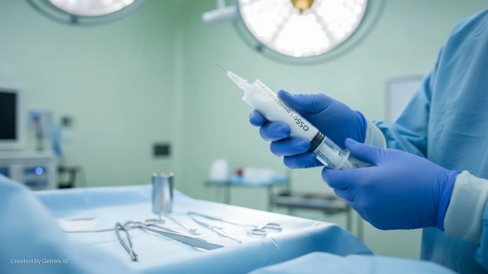 A person in blue surgical scrubs and gloves holds a syringe labeled "OSSO" in a brightly lit operating room, with various surgical instruments laid out on a sterile blue-draped table in the foreground.