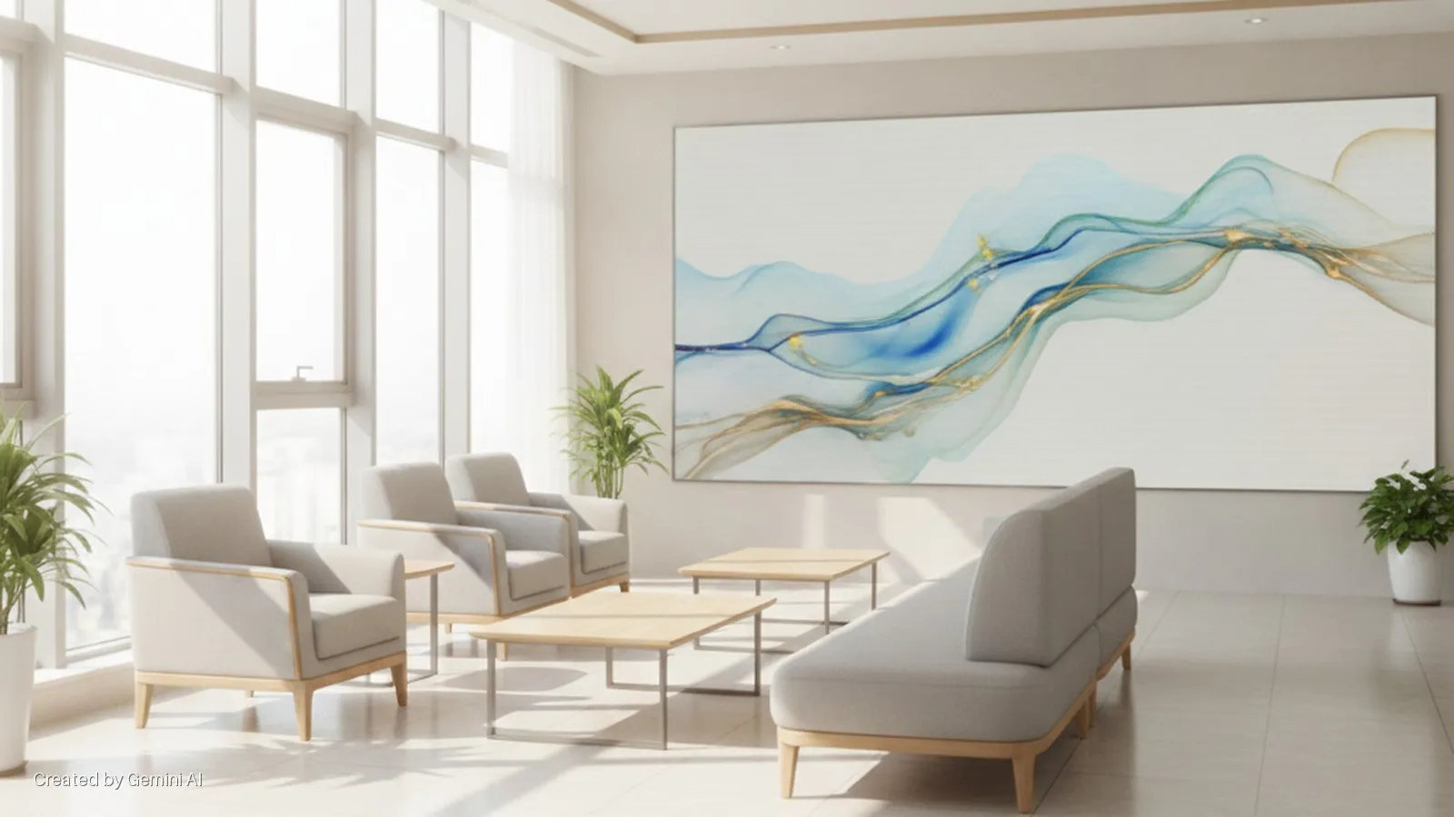 A bright, modern lounge features large windows, potted plants, light grey armchairs, wooden coffee tables, a sofa, and a large abstract artwork depicting blue and gold waves on the far wall.