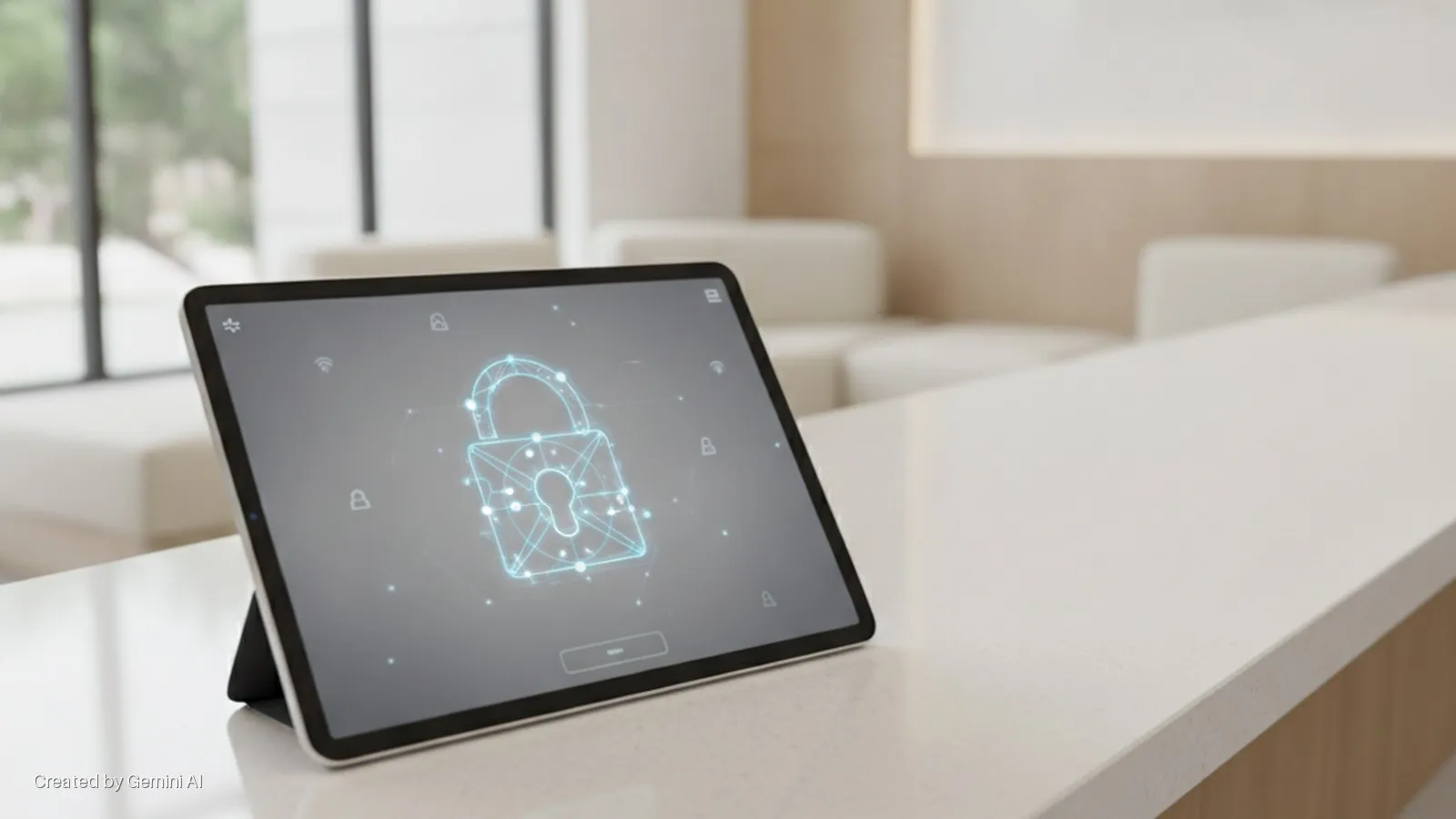 A tablet displaying a large glowing blue digital padlock icon and smaller security and Wi-Fi icons stands on a light-colored counter in a bright, modern interior with a window in the background.