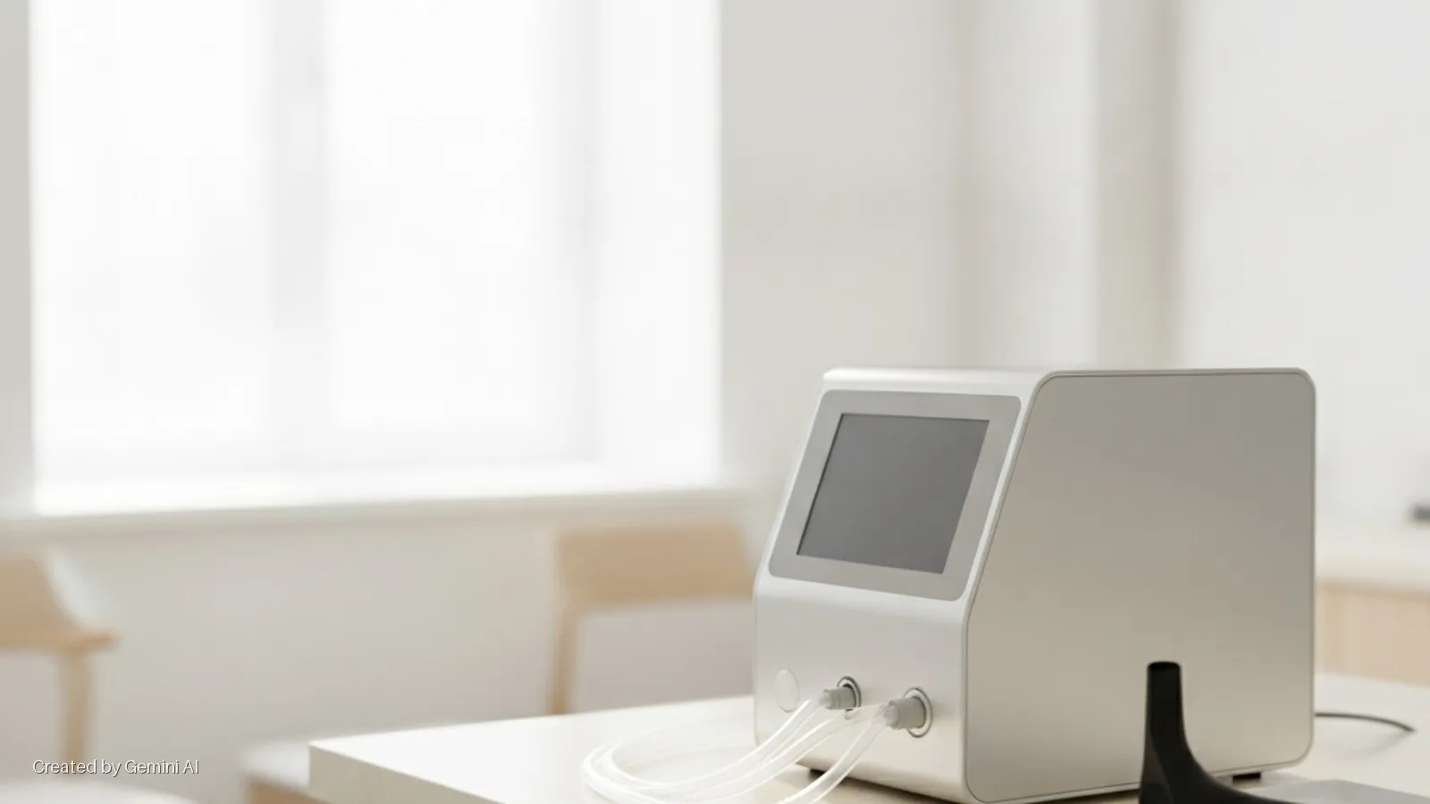 A medical device with a dark screen and clear tubes rests on a white table in a brightly lit room, with a blurred window and a chair visible in the background.