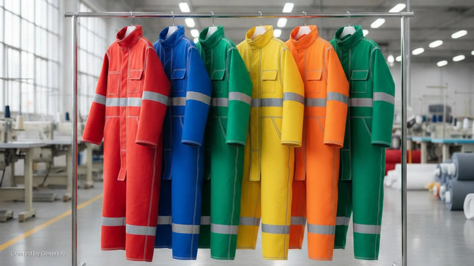 Six colorful industrial work overalls with reflective strips hang on a metal rack in a brightly lit garment factory featuring sewing machines, large windows, and fabric rolls.