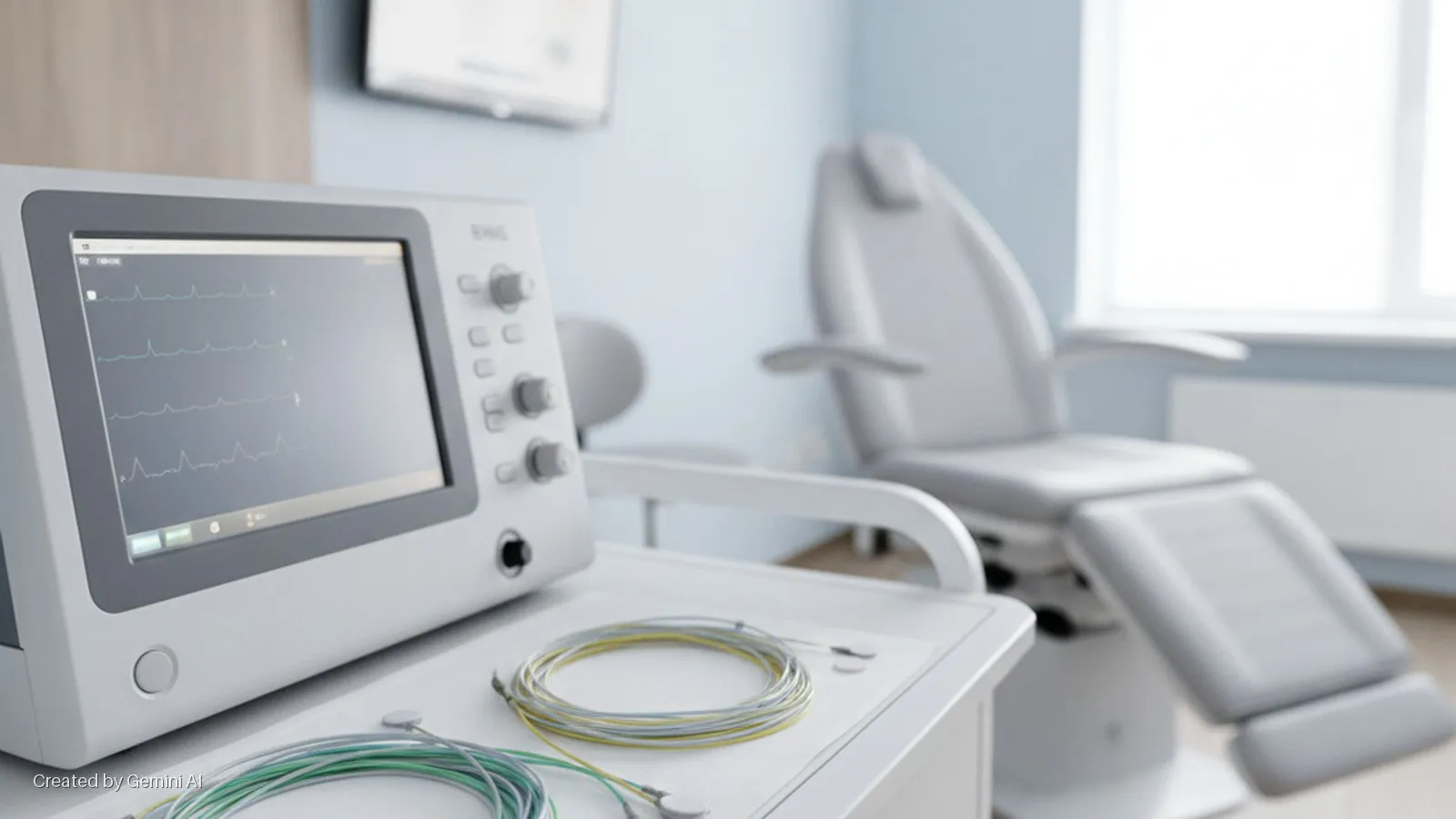 A medical EMG machine displaying waveforms and coiled electrode wires rests on a white table in the foreground of a bright examination room with a light gray patient chair and window in the blurred background.