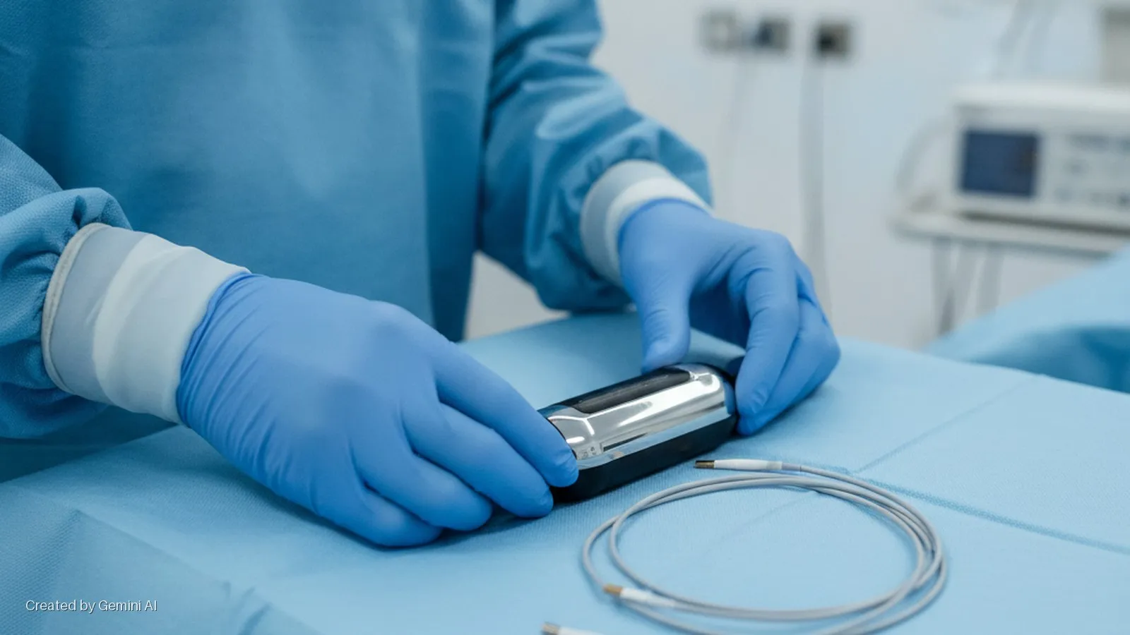 A healthcare professional wearing blue surgical gown and gloves positions a handheld silver and black medical device on a sterile blue drape, with coiled cables and blurry hospital equipment in a brightly lit operating room.