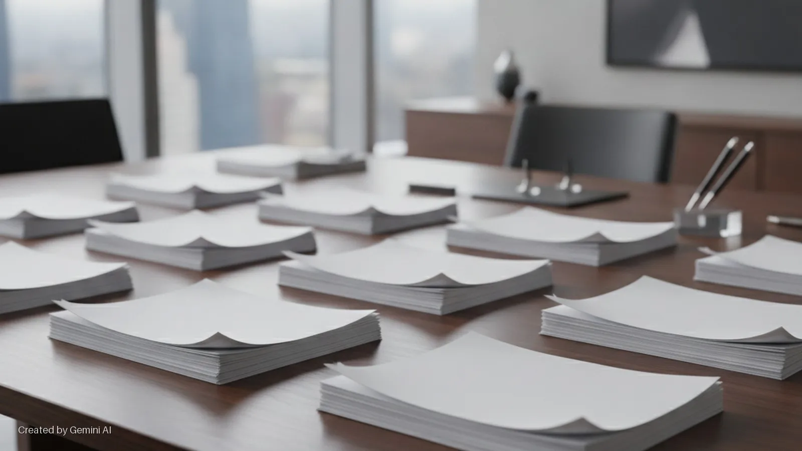 Multiple stacks of blank white paper are neatly arranged on a dark wood conference table with pens, chairs, and a blurred cityscape through large windows, all softly illuminated.