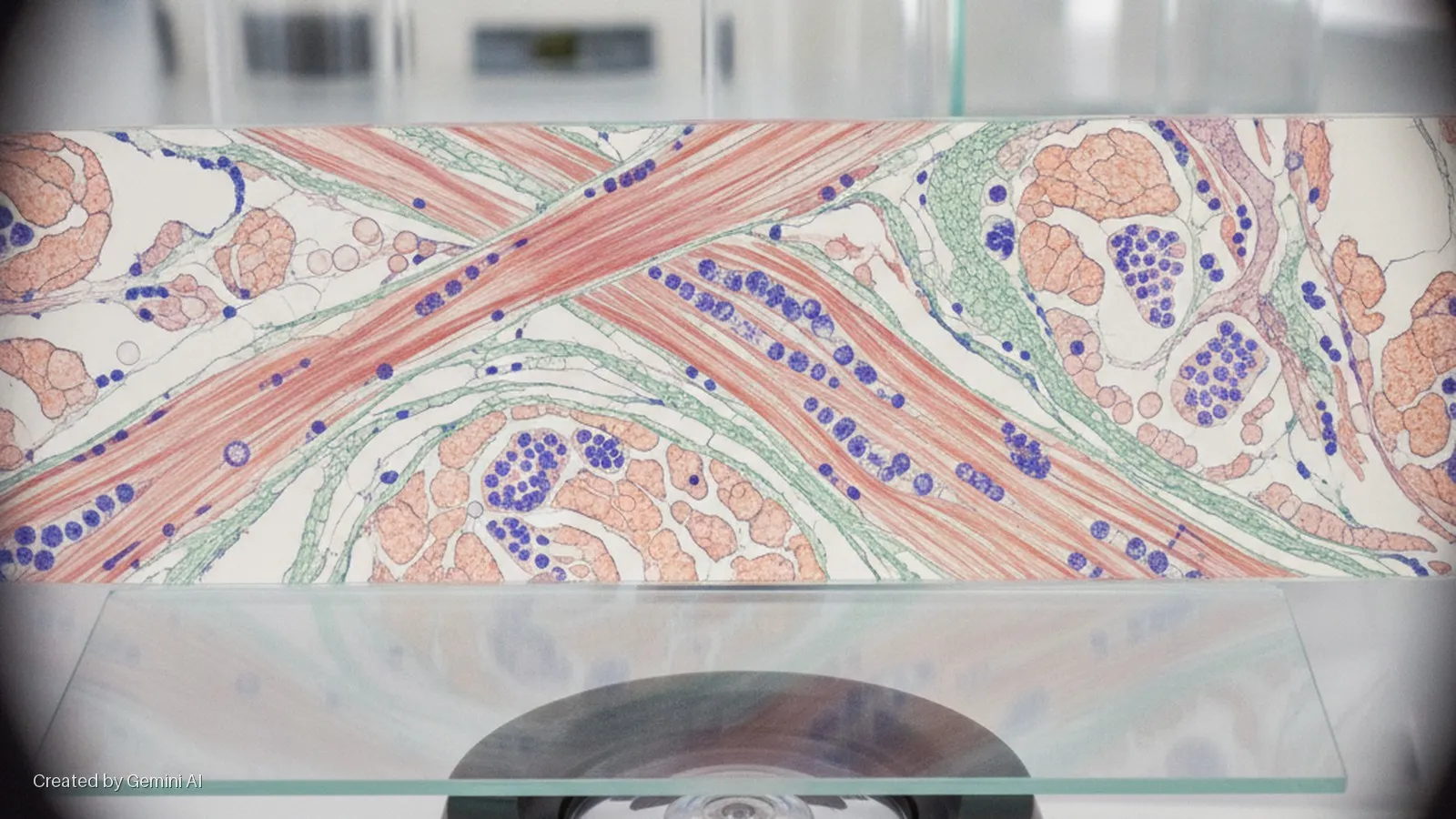 A brightly lit rectangular display presents a detailed biological illustration featuring red muscle fibers, blue cell clusters, green connective tissue, and orange glandular tissue, resting on a clear glass surface against a blurred backgro
