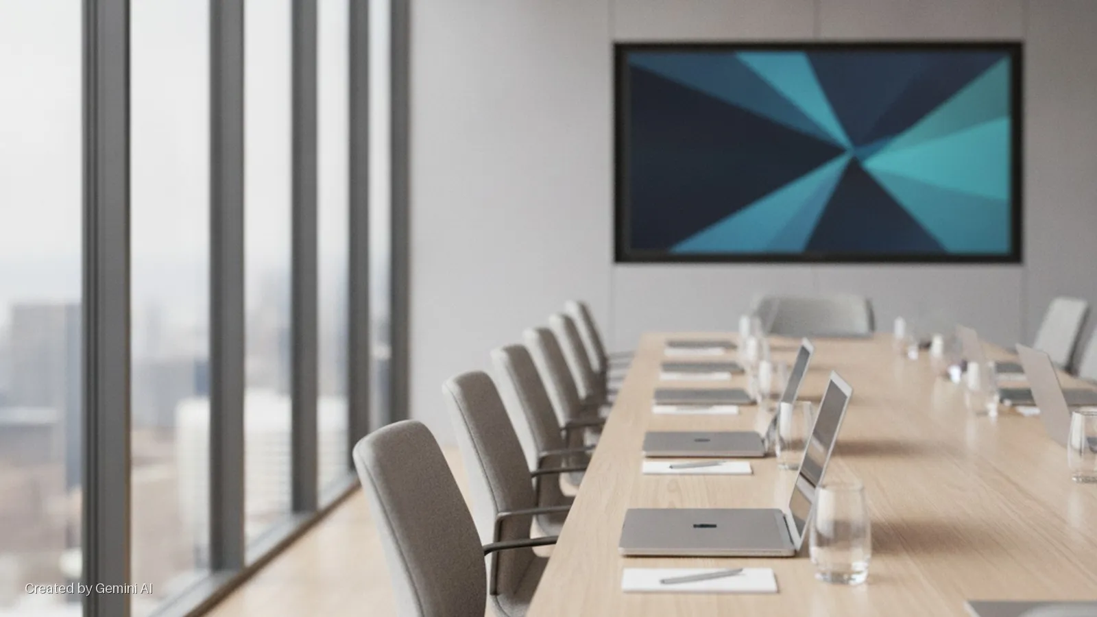 A brightly lit modern conference room features a long wooden table lined with laptops, water glasses, and notebooks, surrounded by grey chairs, a large screen displaying an abstract design on the far wall, and expansive windows offering a c