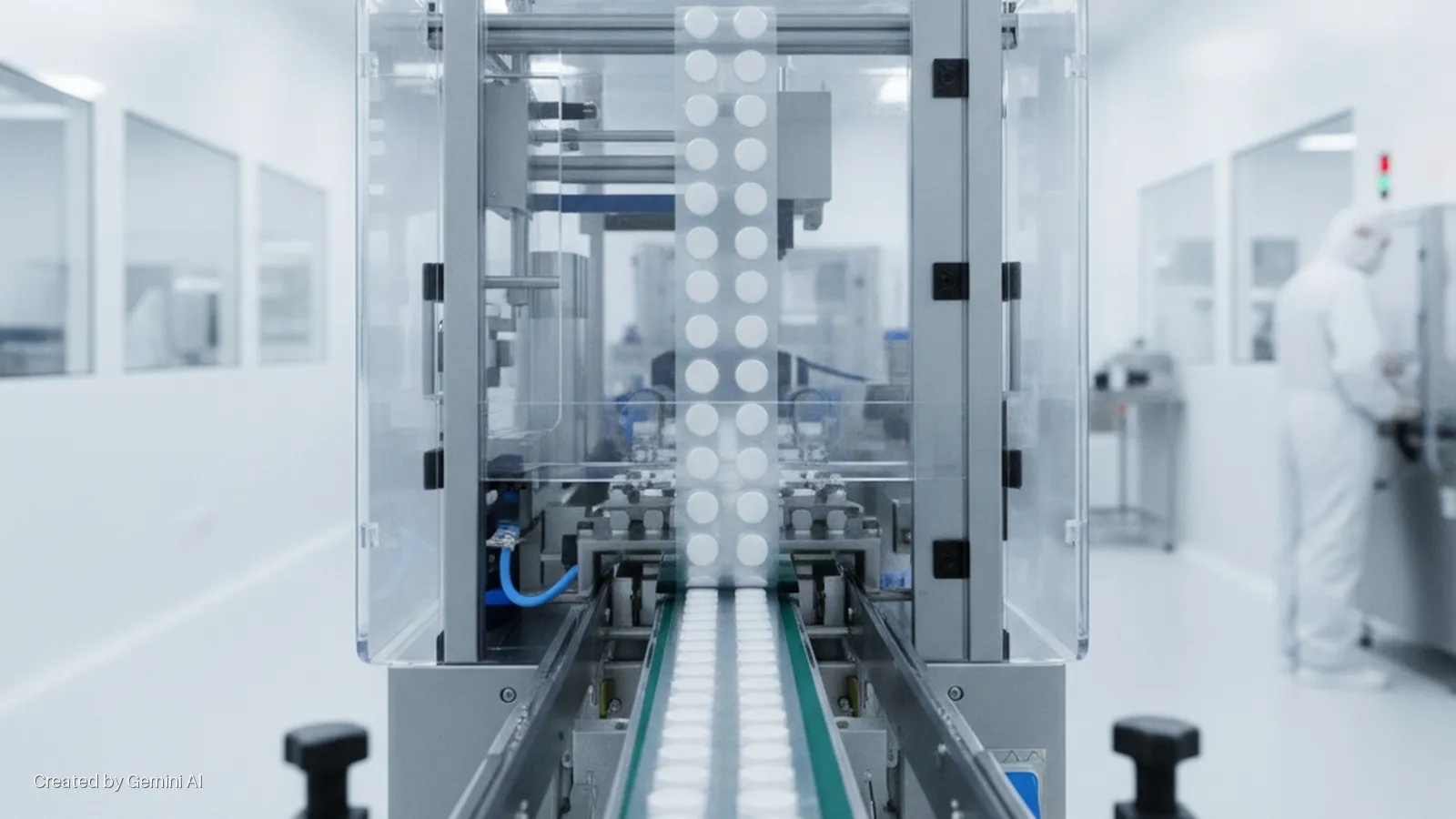White pills move along a conveyor belt inside a clear pharmaceutical packaging machine in a brightly lit cleanroom, with a worker in protective gear visible in the background.
