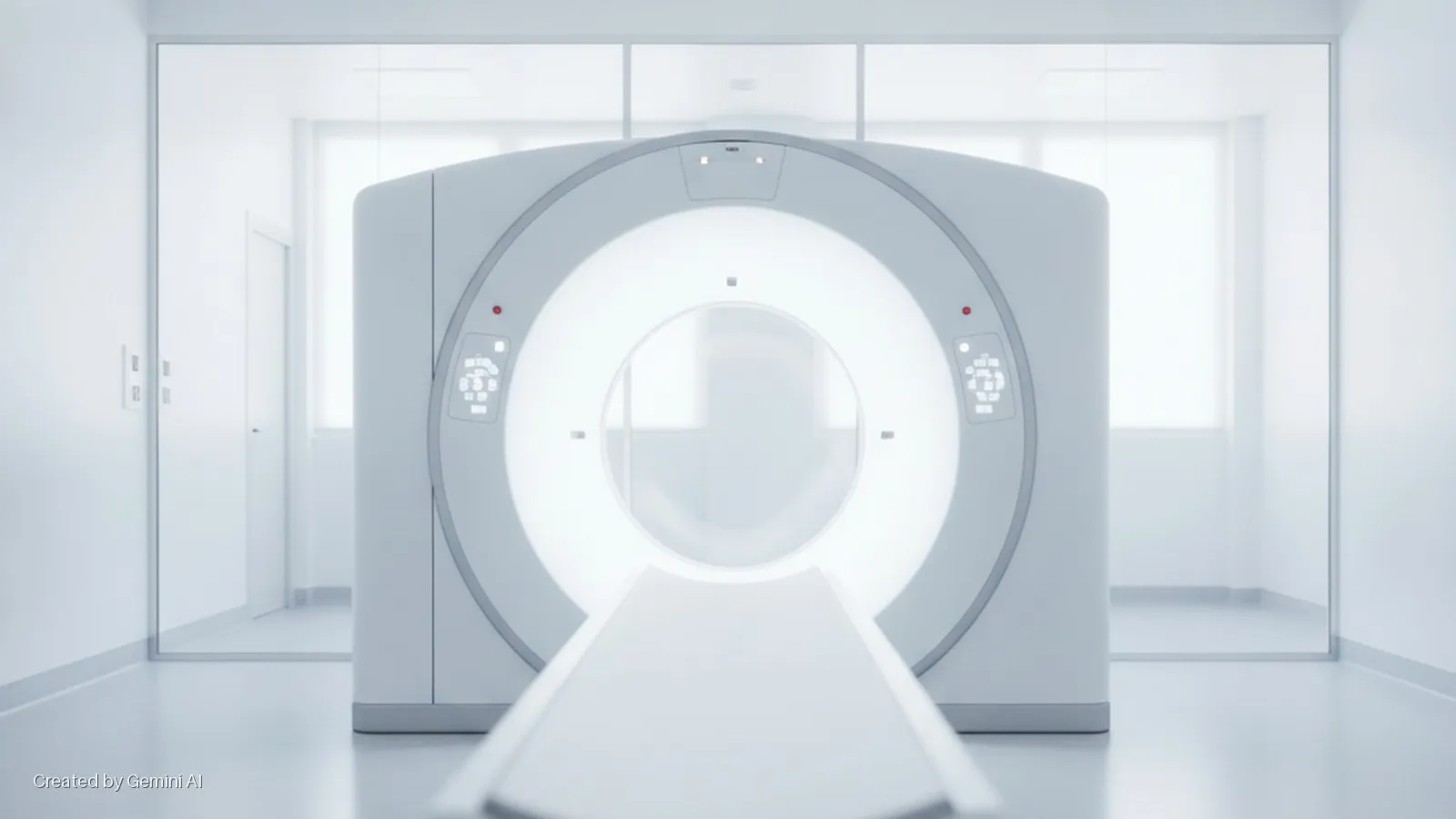 A modern CT scanner with an extended patient table is centered in a brightly lit, sterile medical imaging room with glass partitions and a door.