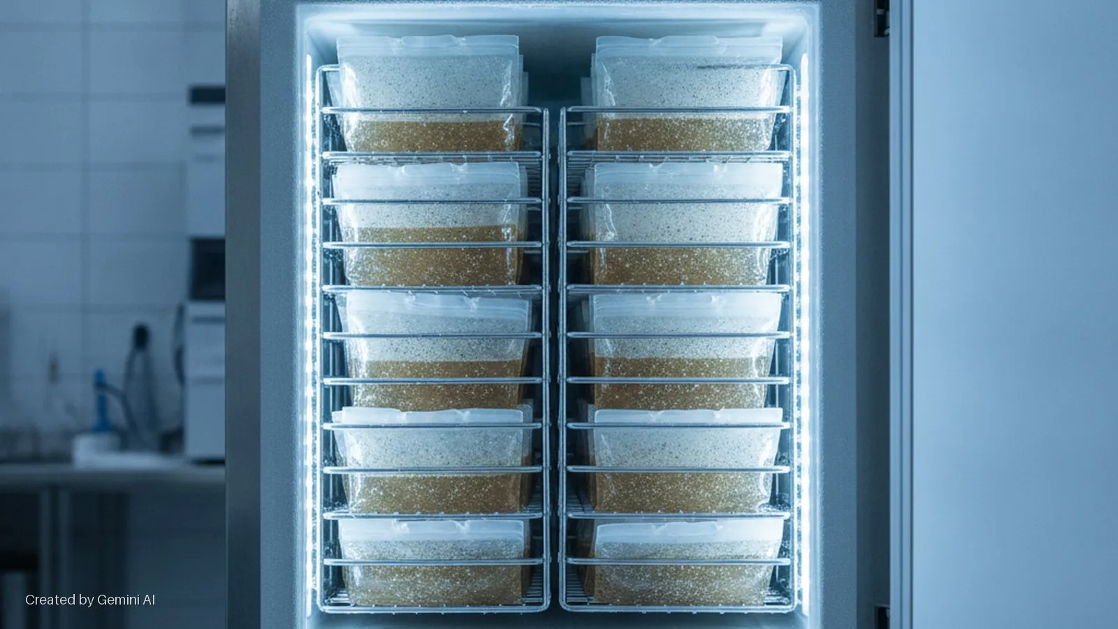 An open lab freezer with bright cool-toned internal lighting displays two columns of stacked clear plastic containers, each holding distinct white and brown granular layers on metal racks.
