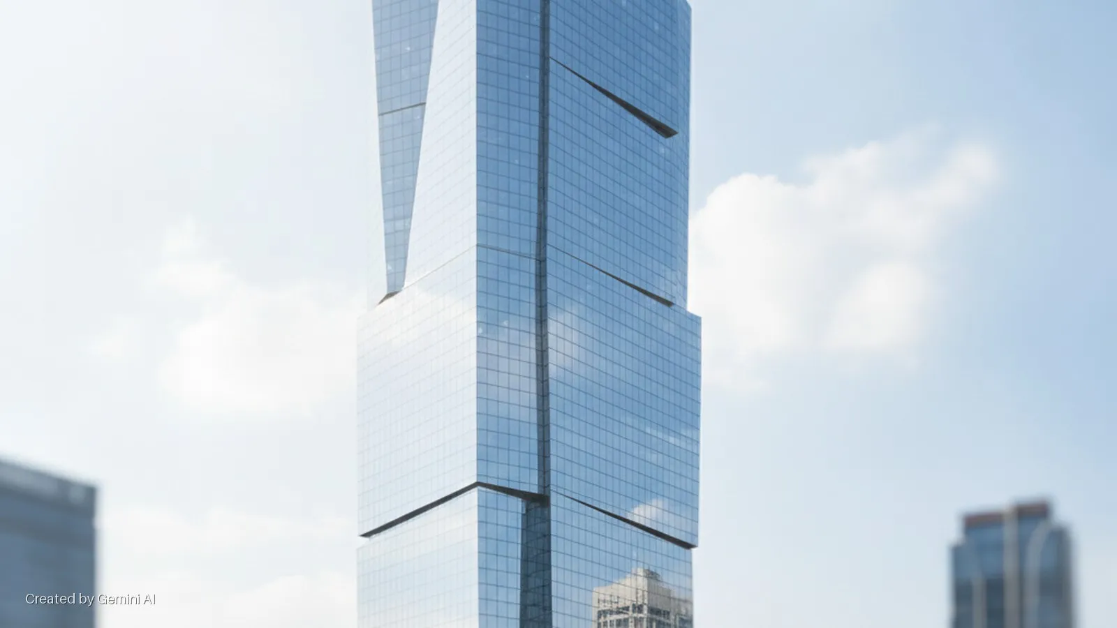 A tall, modern skyscraper with reflective blue glass facades and shifting block designs stands against a bright, partly cloudy sky, with blurred buildings in the distant background.