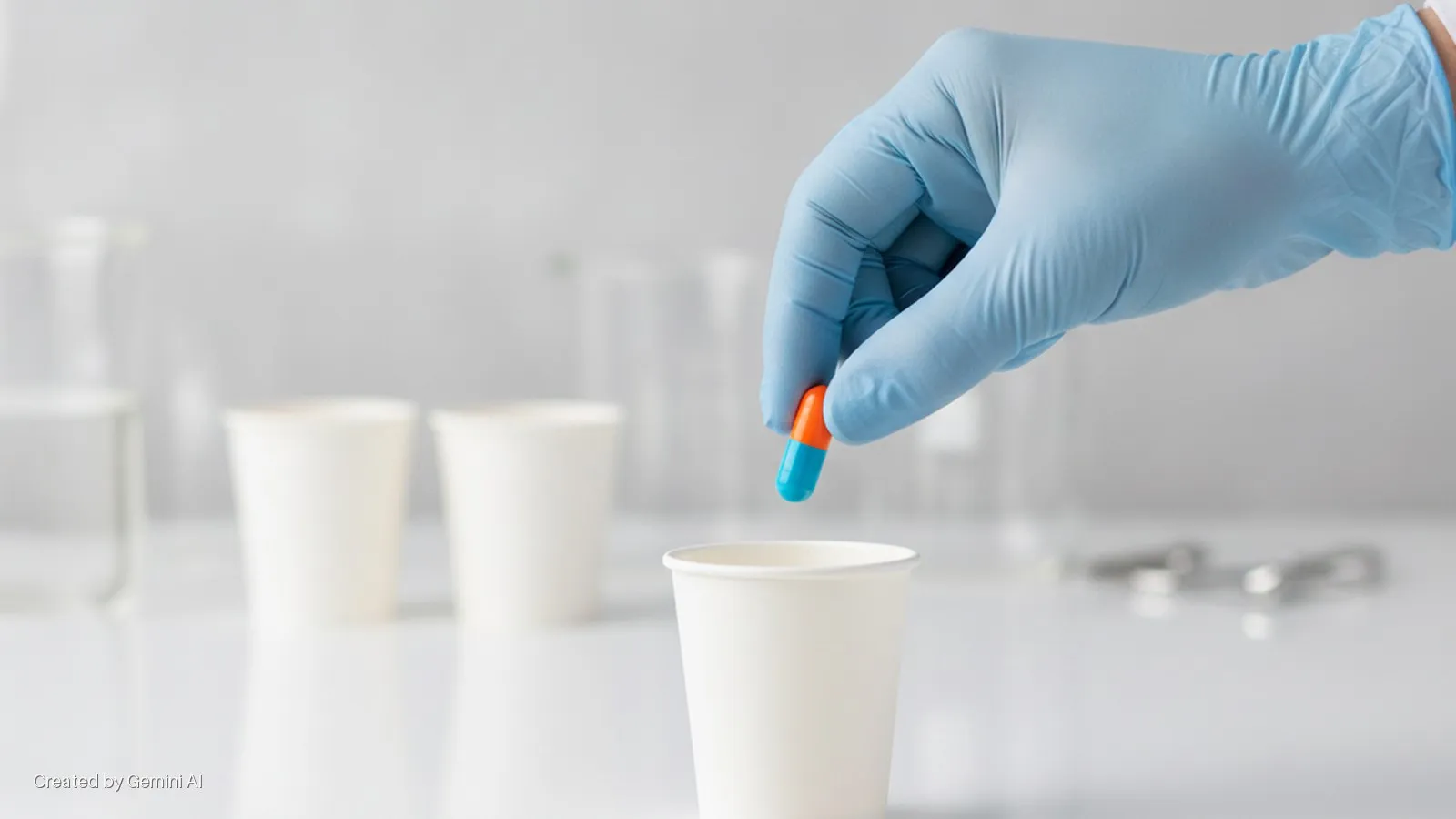 A gloved hand holds a blue and orange capsule above a white paper cup in a brightly lit laboratory setting with blurred beakers and other cups in the background.