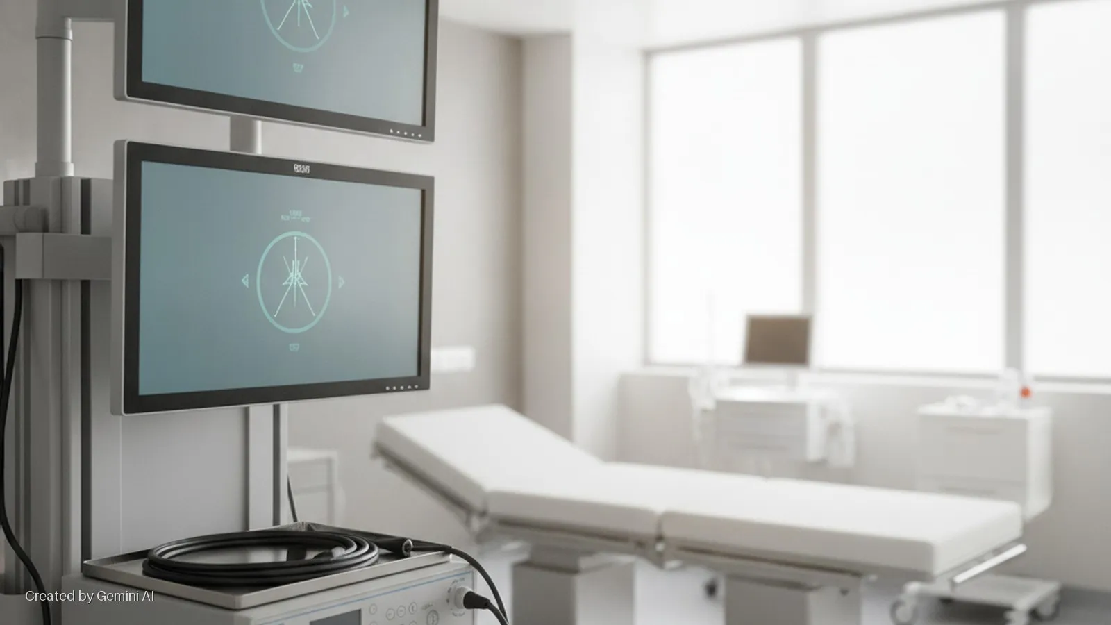 A brightly lit sterile medical room contains two monitors displaying a circular graph, a coiled cable on a medical device, and an examination bed, all illuminated by natural light from a large window.