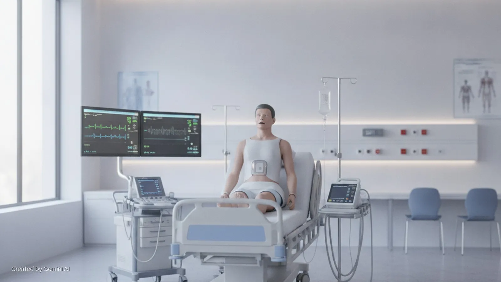 A brightly lit hospital room contains a medical mannequin sitting on a bed, with vital sign monitors displaying data, an ultrasound machine, an IV stand, and wall-mounted medical utilities, alongside anatomical posters.