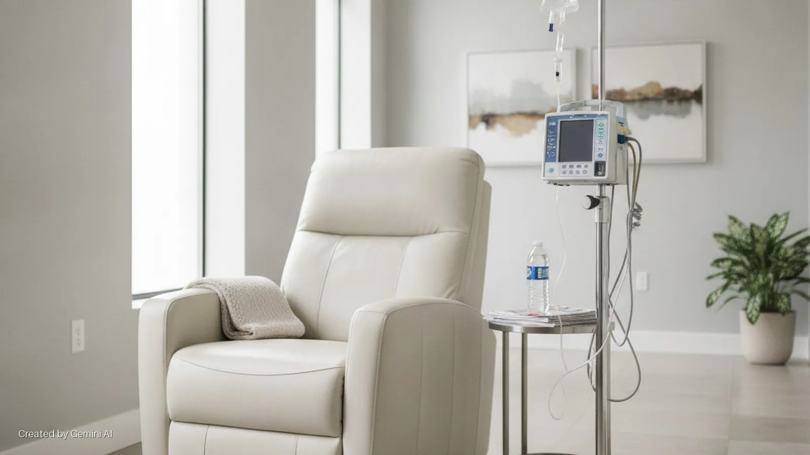 A brightly lit treatment room shows a white recliner with a beige blanket, an IV pole with an infusion pump, and a side table holding a water bottle and magazines, with abstract art and a potted plant in the background.