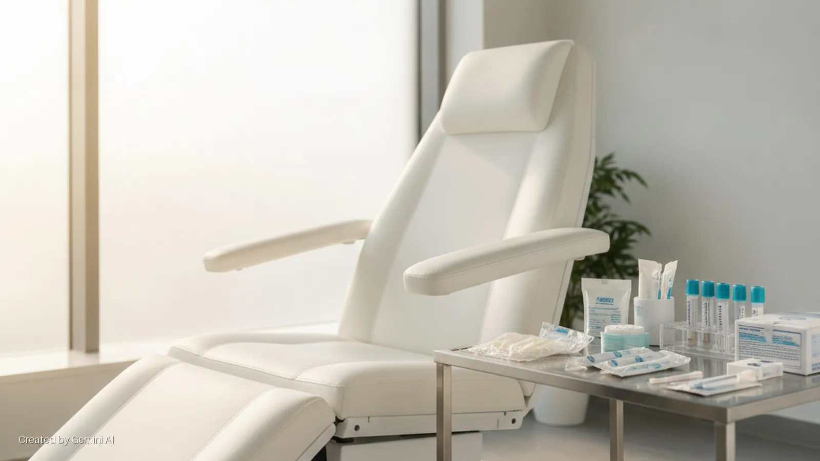 A brightly lit phlebotomy room features a white medical reclining chair and a metal side table holding blood collection tubes, sterile wipes, and other medical supplies.