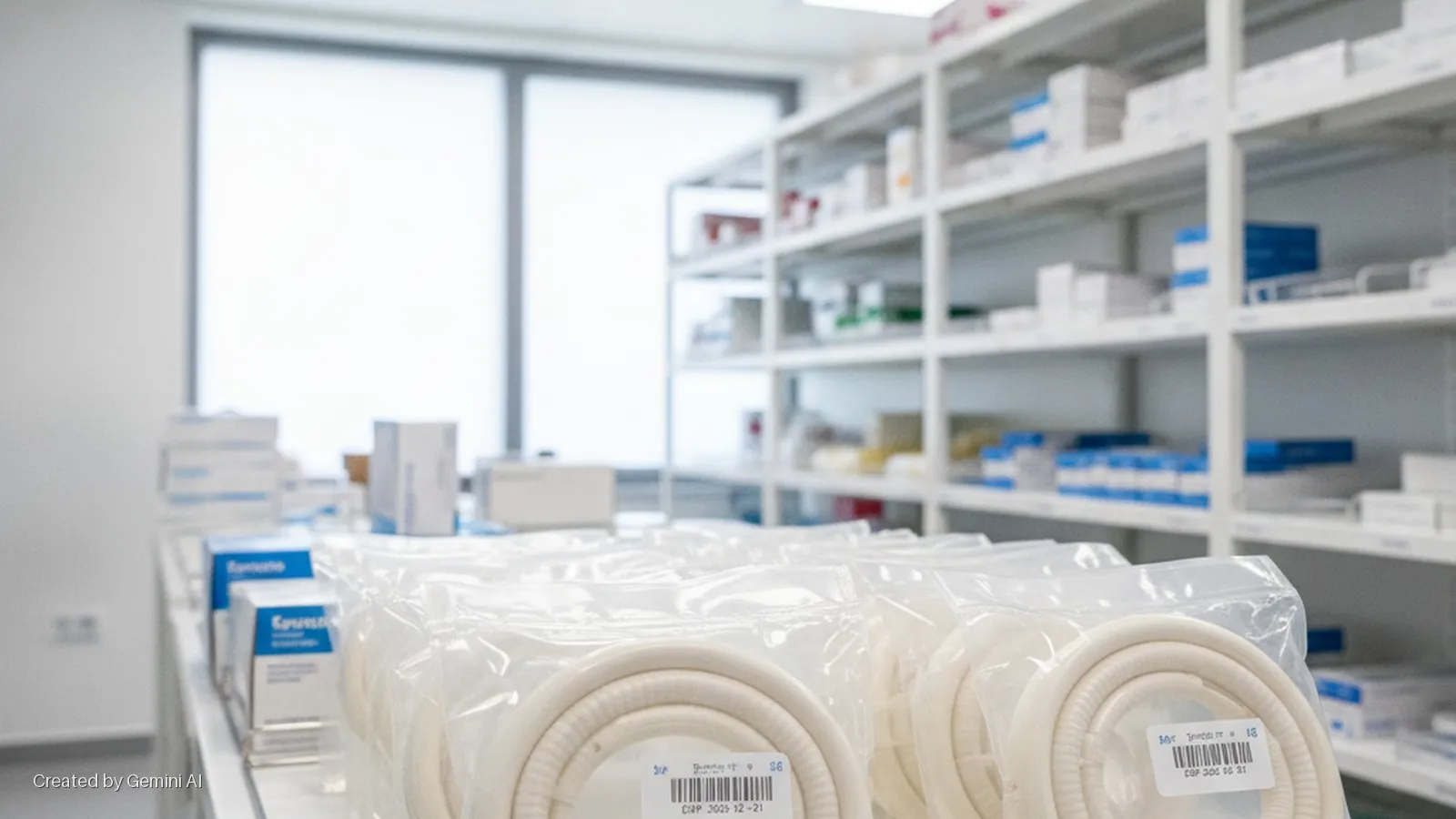 Clear plastic bags holding coiled white medical devices are on a counter in a brightly lit pharmaceutical storage room, with shelves of packaged products and a large window in the background.