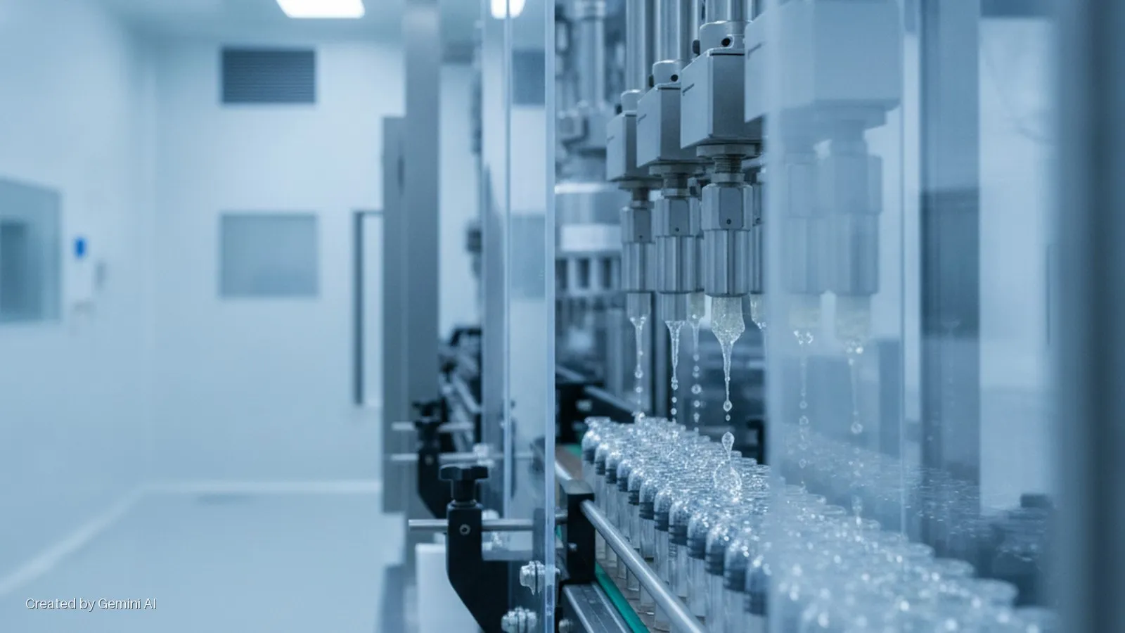 Automated machinery dispenses clear liquid into numerous glass vials on a production line within a brightly lit, sterile cleanroom.
