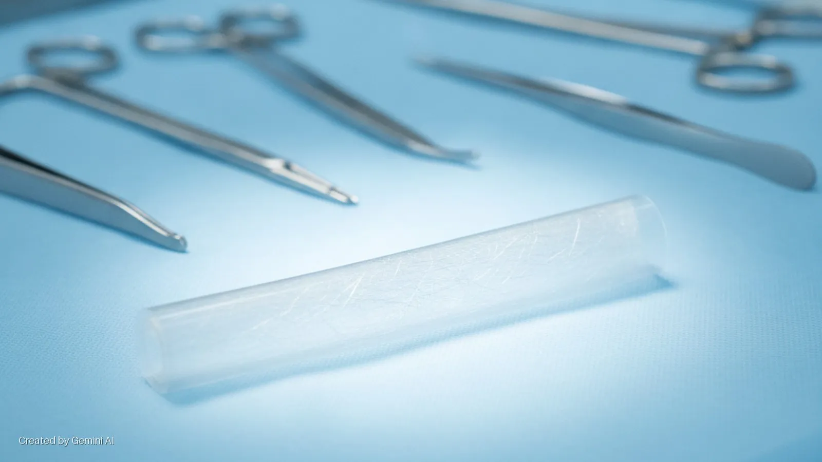 A brightly lit translucent medical tube with a textured surface lies on a blue surgical drape, surrounded by blurred metal surgical scissors and forceps.