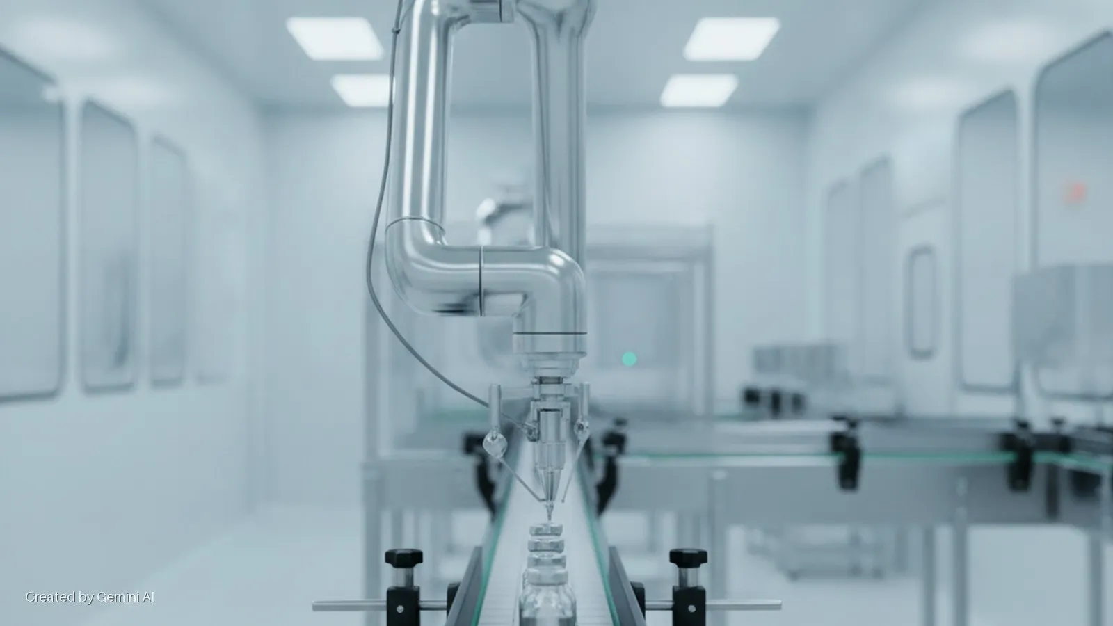 A robotic arm precisely fills clear vials on a conveyor belt in a brightly lit cleanroom facility.