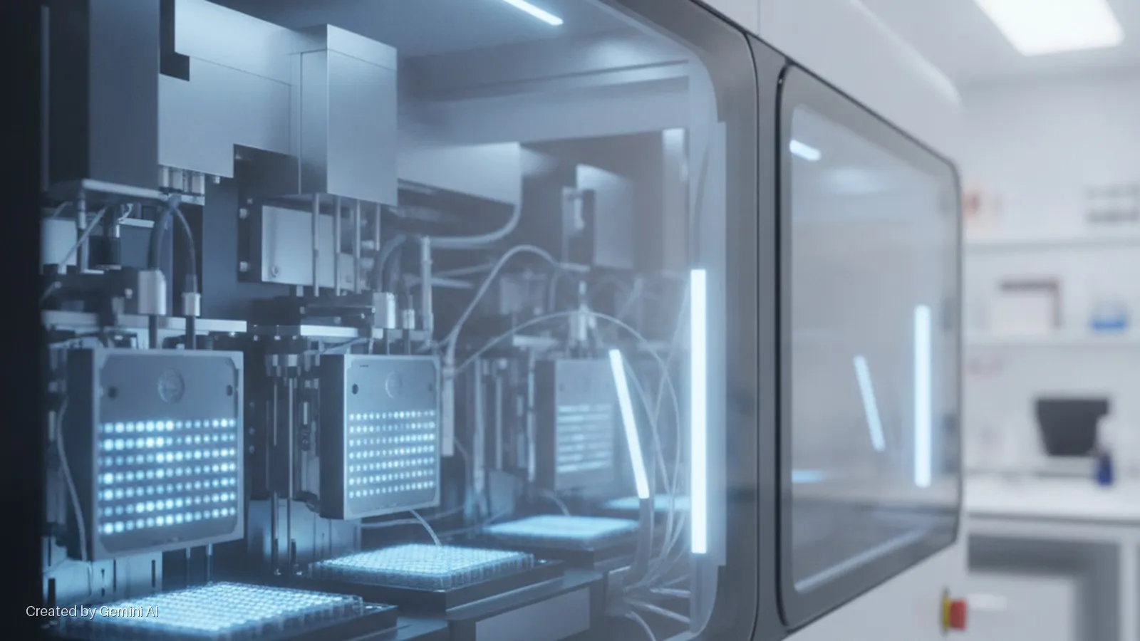 A sophisticated automated laboratory instrument displays blue-lit well plates and internal robotics behind a clear protective screen in a brightly lit modern lab.