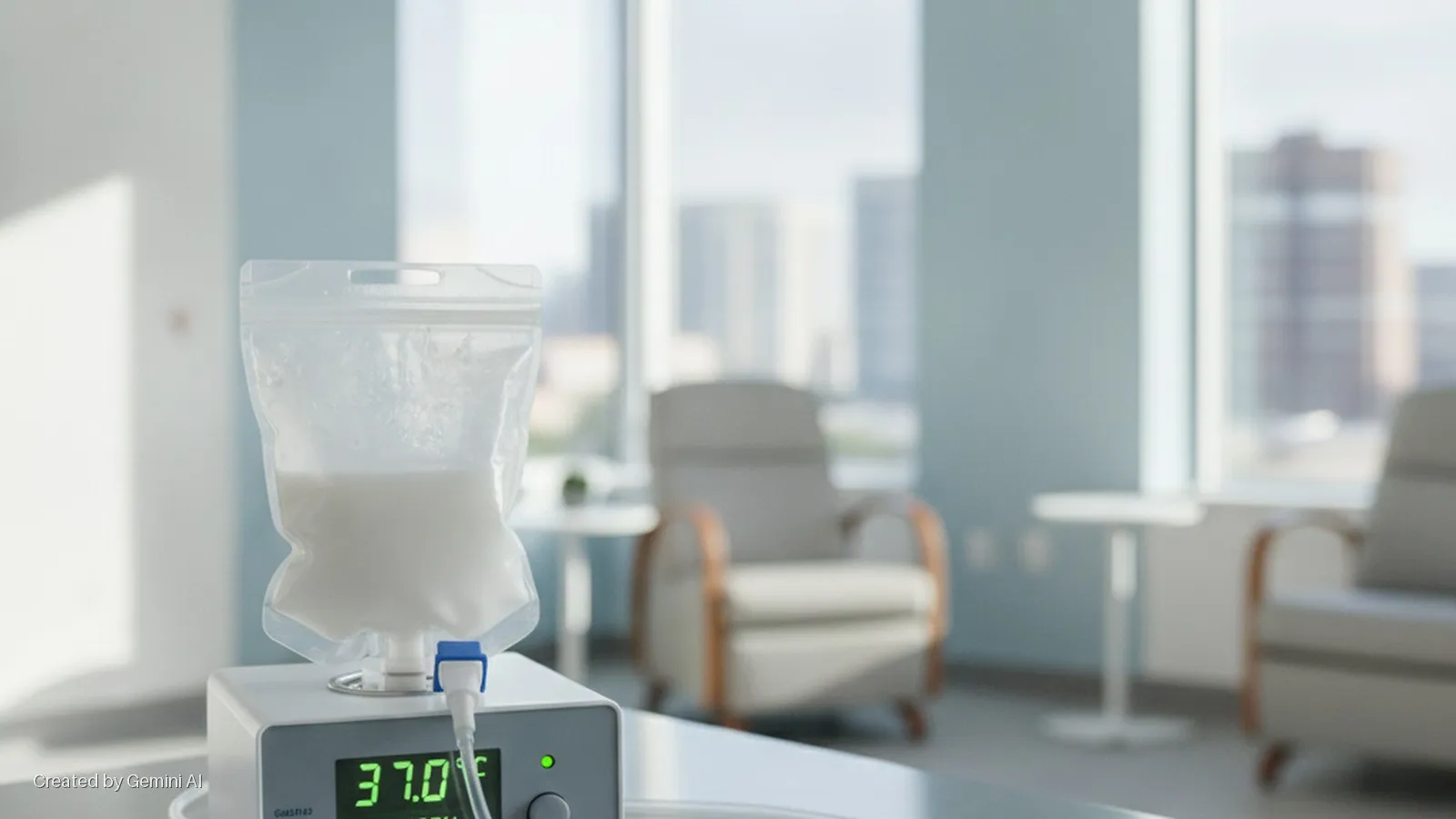 A clear plastic bag containing white liquid is connected to a medical device displaying 37.0°F, sitting on a table in a brightly lit room with armchairs and large windows overlooking city buildings.