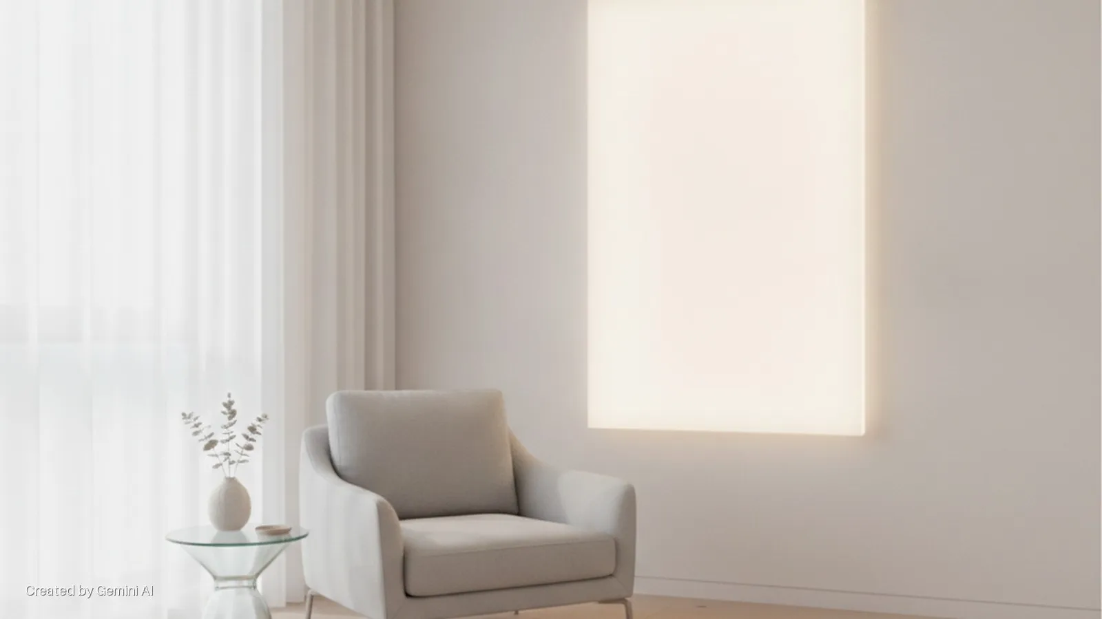 A light gray armchair and a glass side table with a vase of dried eucalyptus sit in a room, illuminated by a large rectangular wall panel and natural light from sheer curtains.
